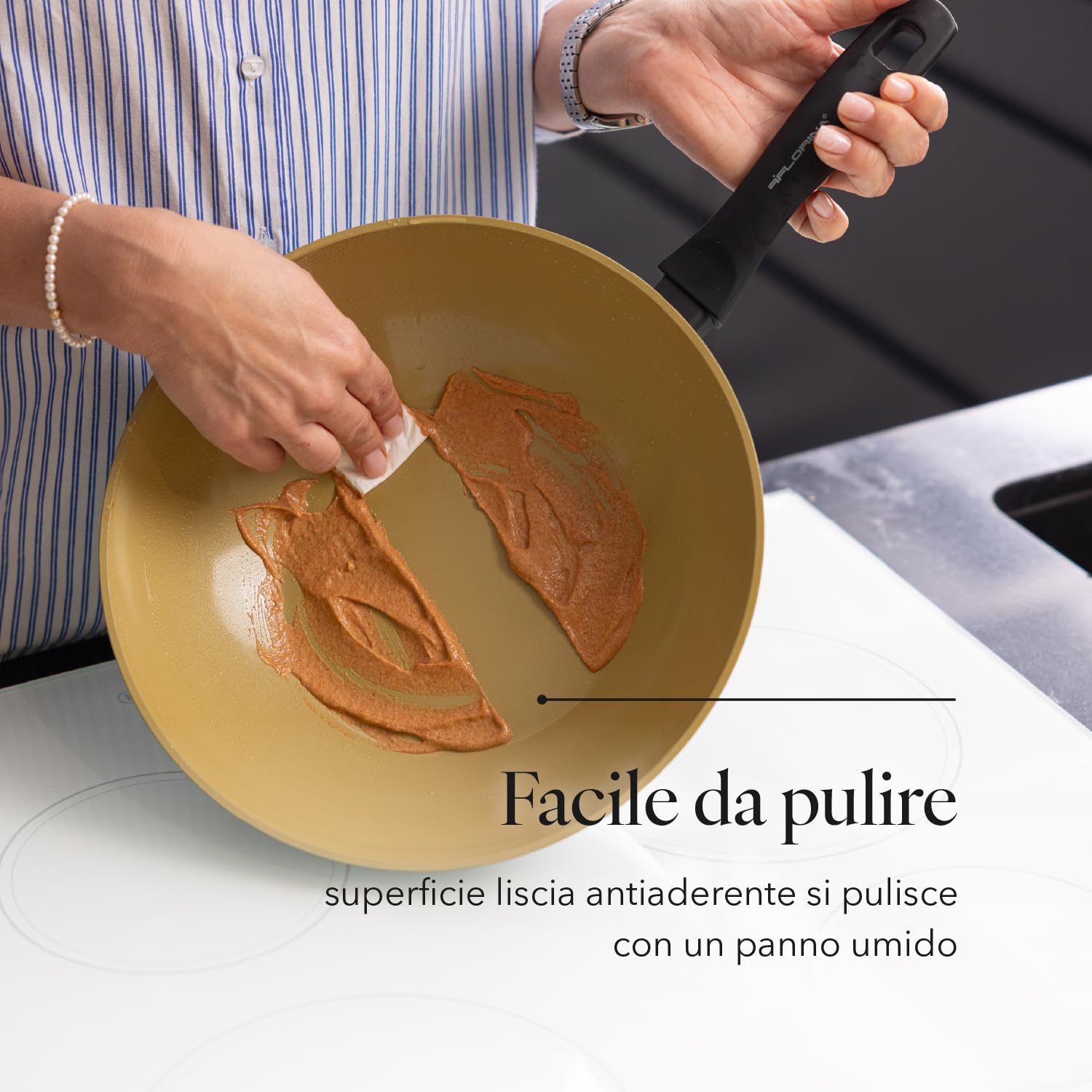 FLORINA AMVEGAN Padella in alluminio WOK 28 cm I Alta durata I Rivestimento in ceramica all'olio d'oliva I Facile da cucinare e da lavare I Per tutti i tipi di piano cottura I Design originale