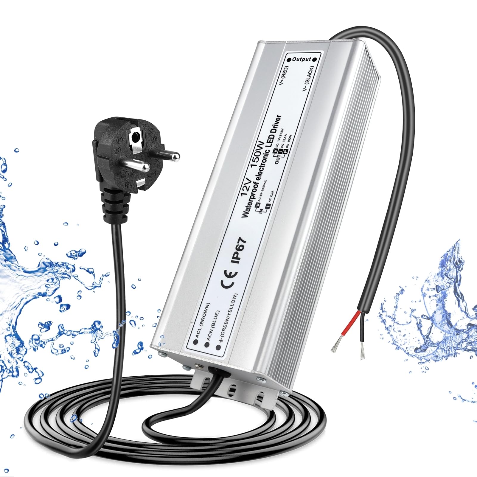 LightingWill LED Trafo 12V 150W IP67, Outdoor Wasserdicht Transformator mit Stecker, Netzteil für LED Streifen Lampen Strahler Lichtbänder