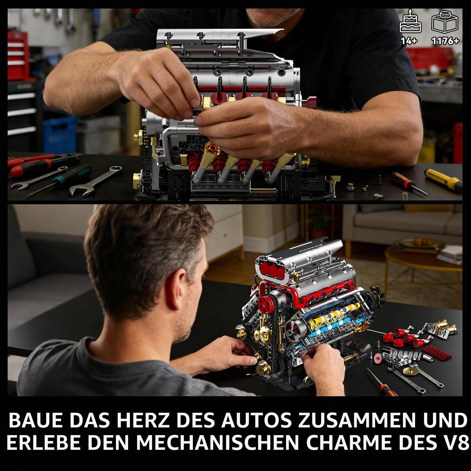 Technik V8 Motor Bausatz Bausteine Klemmbausteine, Ideas V8 Eigene Modellbausatz Set für Erwachsene, Kompatibel mit Lego, STEM Spielzeug Geschenk für Auto Fans und Jungen ab 14 Jahren (1176 Teile)