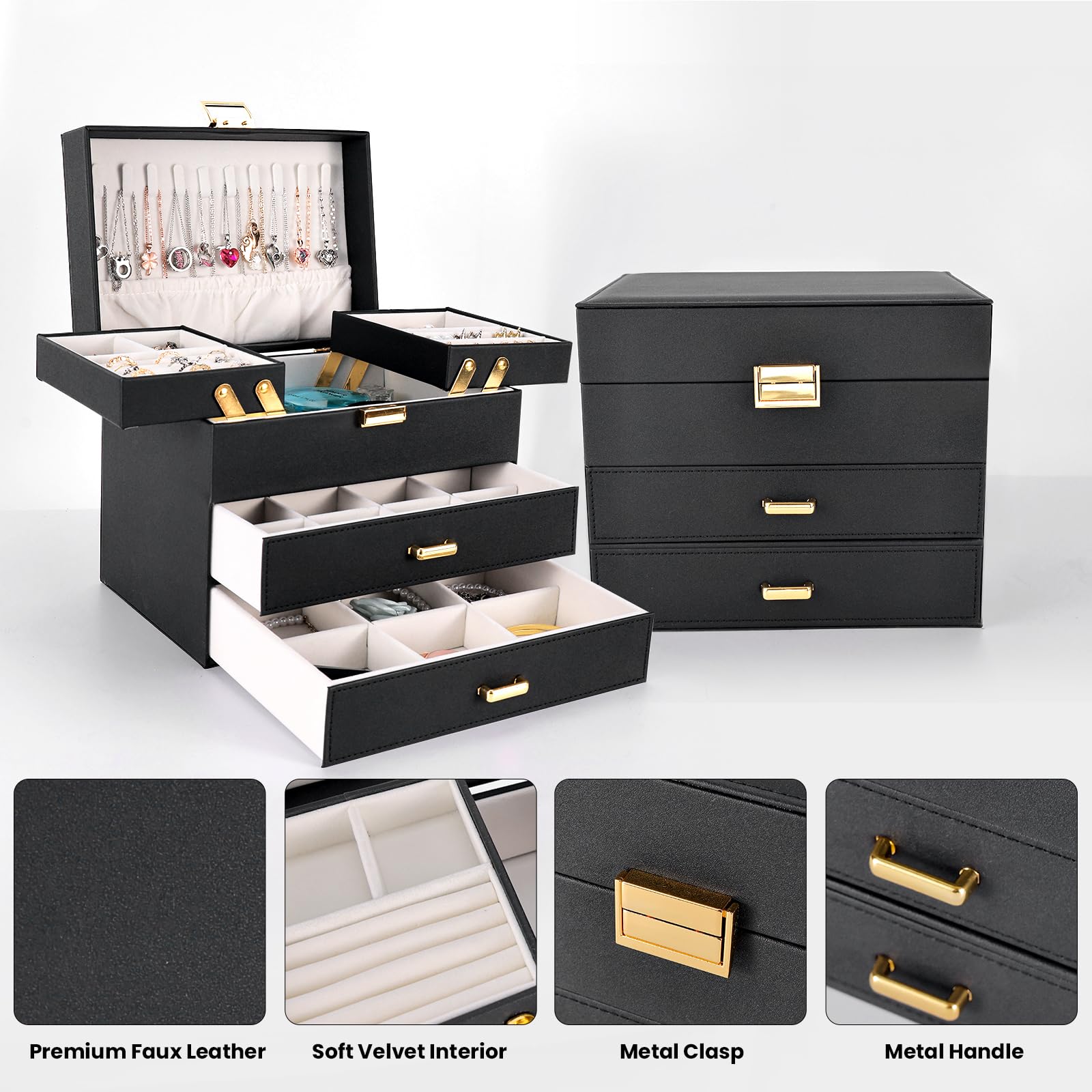 Dajasan Jewelry Boxes for Women Girls, Jewelry Holder Organizer Box, 4 Layers Large Jewelry Storage Organizer for Earring, Ring, Necklace, Bracelets (Black)