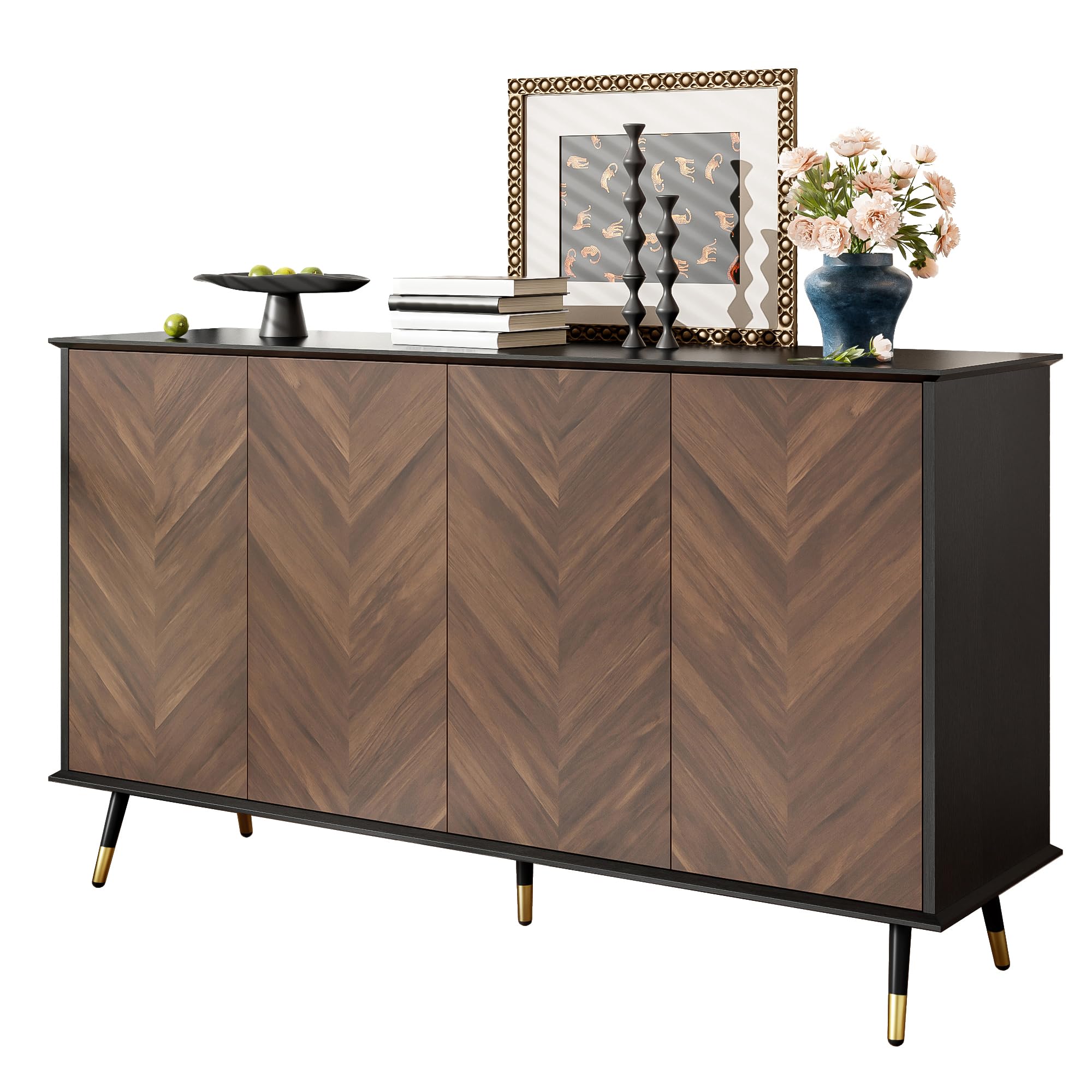 Credenza moderna con motivo a spina di pesce, armadio a buffet con 4 ante e ripiani regolabili in altezza, legno MDF e piedini in metallo, spazio per soggiorno, corridoio e sala da pranzo