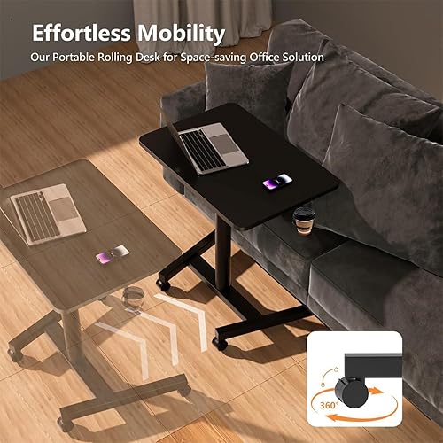 Miniatura 5 de Escritorio móvil de pie de 28 pulgadas, estaciones de trabajo para computadora con soporte para tazas, escritorio de pie portátil con ruedas