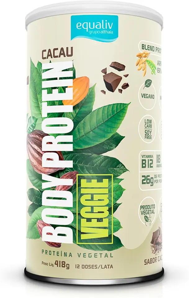 Equaliv Body Protein Veggie - Proteína Vegetal - Blend Proteico de Arroz e Ervilha - Zero Lactose - Vegano - Sabor Cacau - 418g