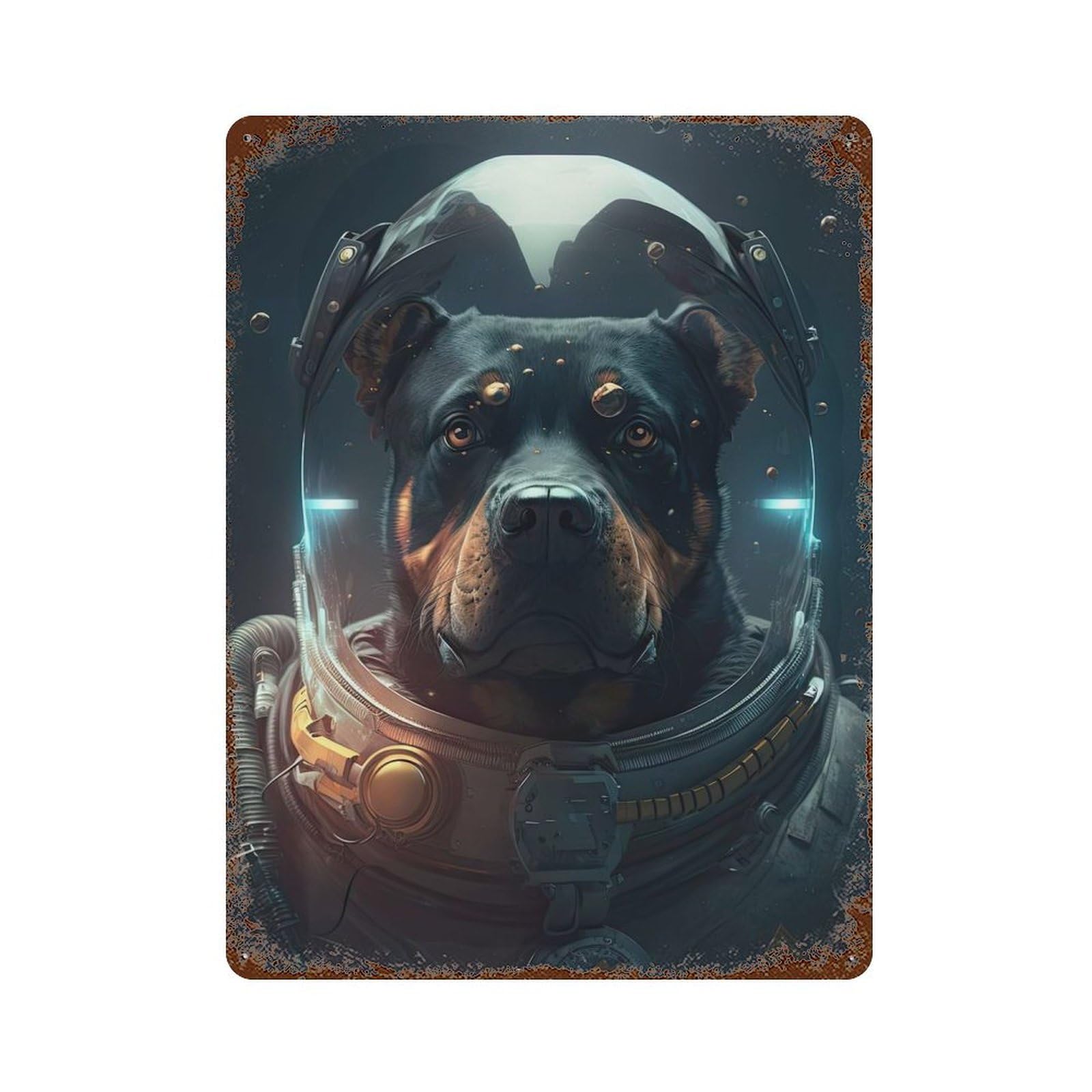 Weathered Tin Sign with Rottweiler Astronaut Design 15.7"x11.8", for Shed, Workshop And Garage Wall Decor, Decorative Metal Wall Art