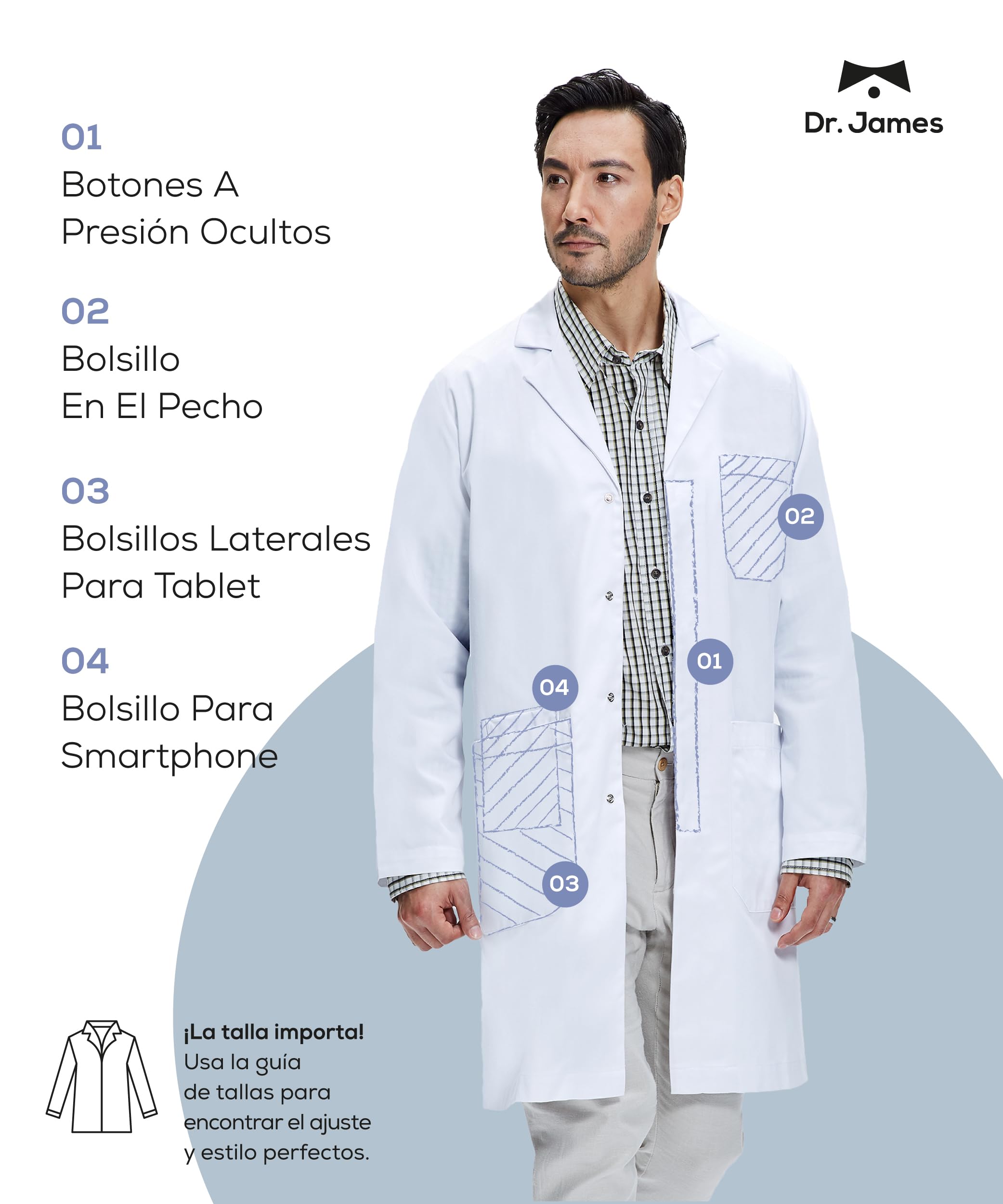 Dr. James Bata de laboratorio Premium 100% Algodón Unisex para Hombres y Mujeres, con bolsillos para teléfono y tableta, ajuste clásico, cierre a presión