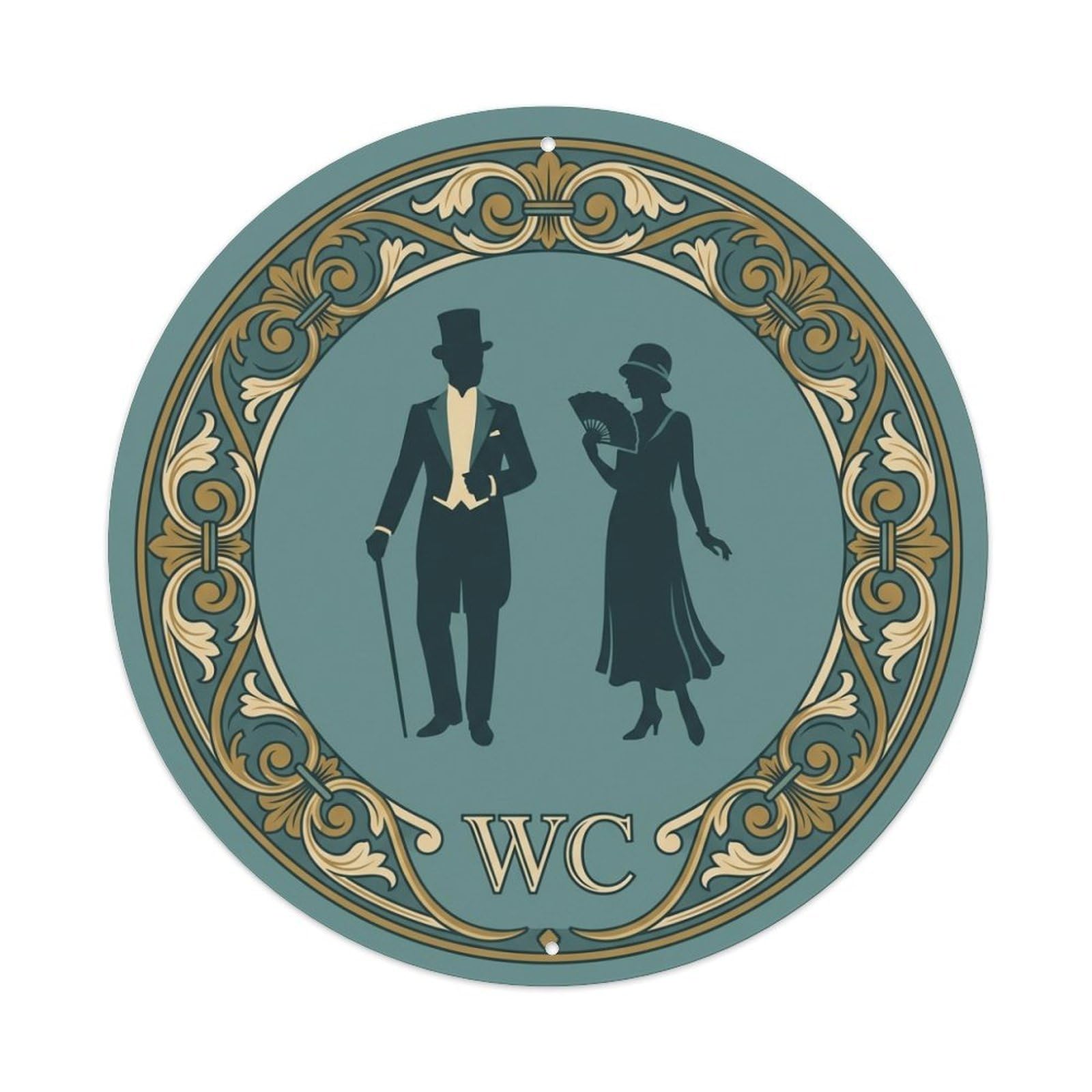 Teal Gold Scroll Frame Restroom Notice WC Metal Tin Sign