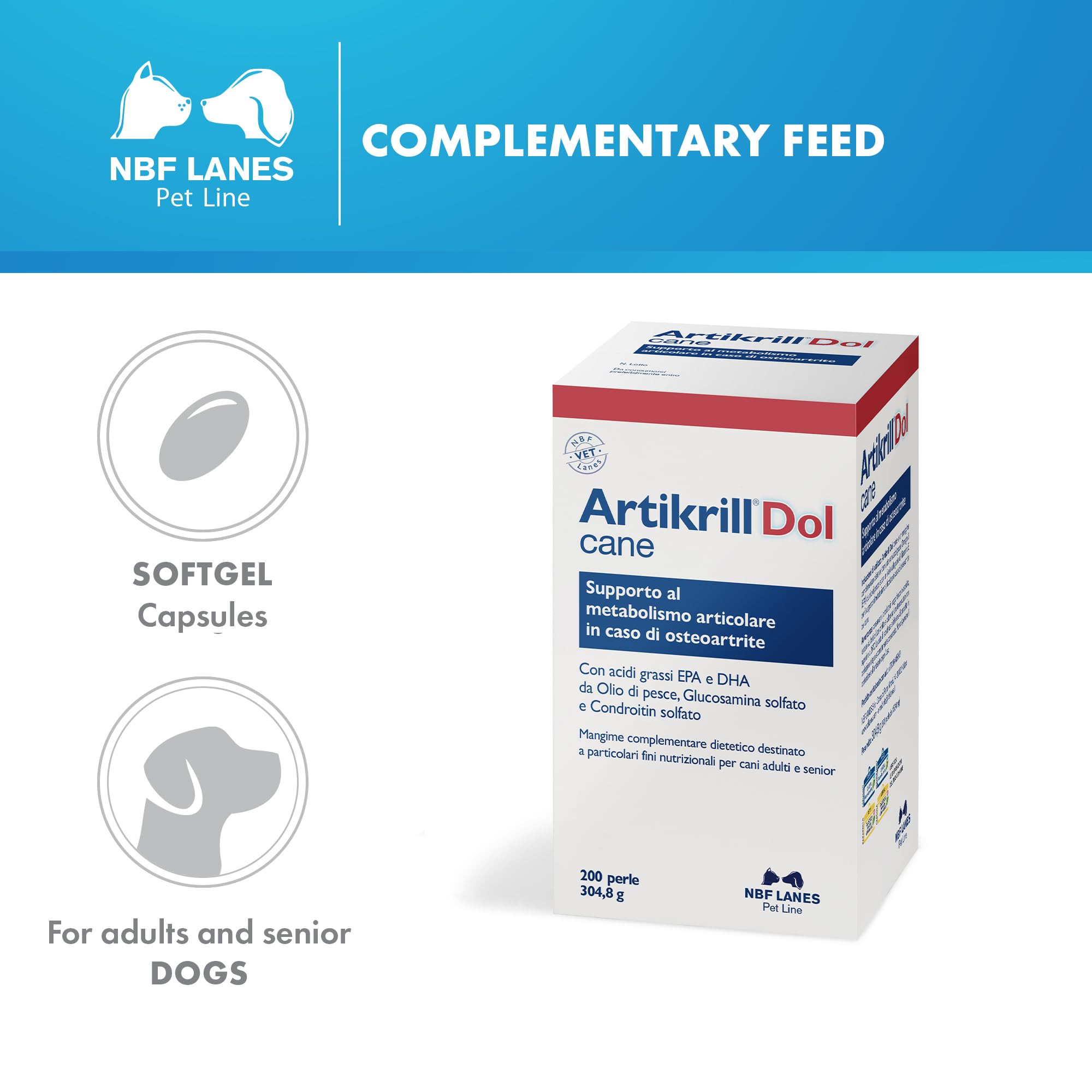 NBF Lanes | Artikrill Dol Perro, 200 Perlas apetecibles, Apoyo metabolismo Articular en Caso de osteoartritis del Perro Adulto y Senior
