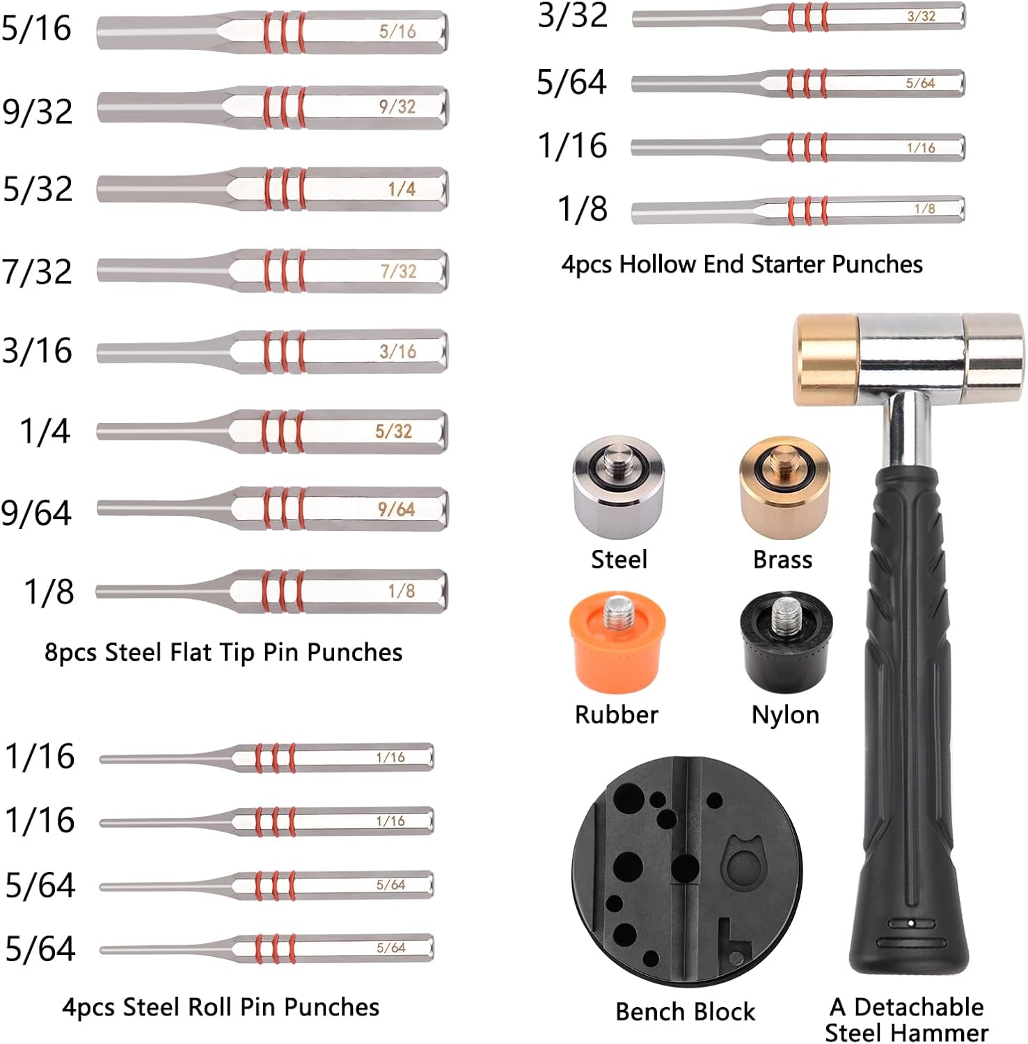 Pridefend Brass and Flat Pin Punch Set with Bench Block, Hammer with Detachable Heads,Punch Set with Portable Storage Case