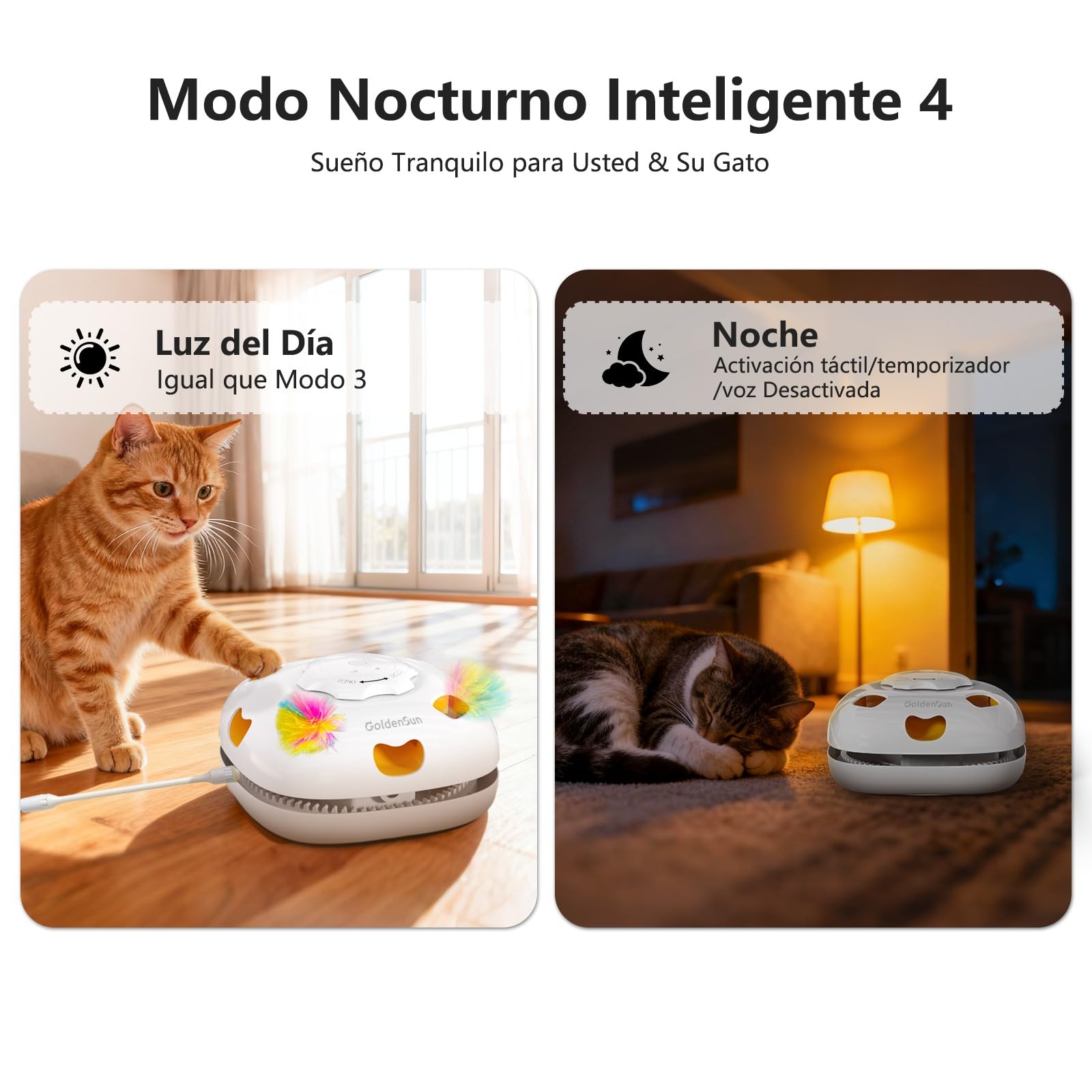 GoldenSun Juguetes para Gatos Recargable, Juguete Interactivo 4 en 1 para Gatos, Escondite, Golpea al Topo, Varita Mágica, Persecución de Plumas, Incluye 4 Repuestos