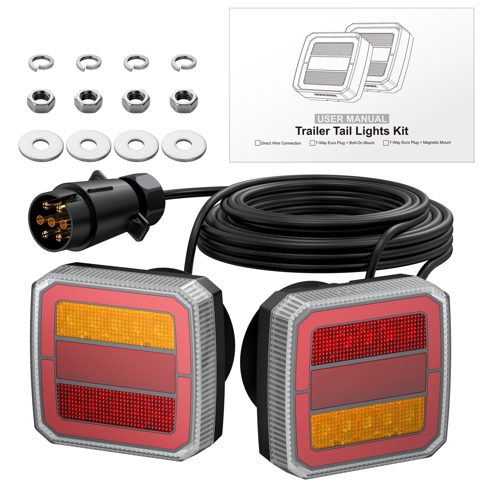 PROZOR Kit Feux Arrière Remorque LED Magnétiques 40 LEDs 12V-30V Universel Câbles 7,35m+2,4m Double Fixation Magnétique ET Vissée Homologués E-mark IP65 Étanche Prise 7 Broches