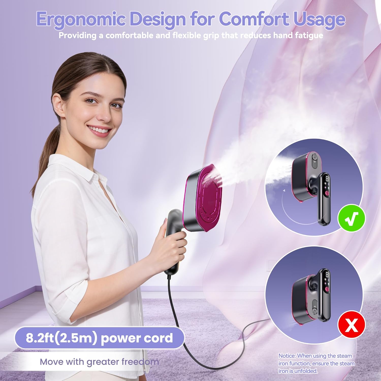 Portable Handheld Travel Steamer for Clothes, 2-in-1 Steamer & Iron 4 Modes LCD Display, Garment Steamer 1200W 15S Fast Heat-up 180ml Tank for 20Min Penetrating Steam Wrinkle Removal, 100-120V