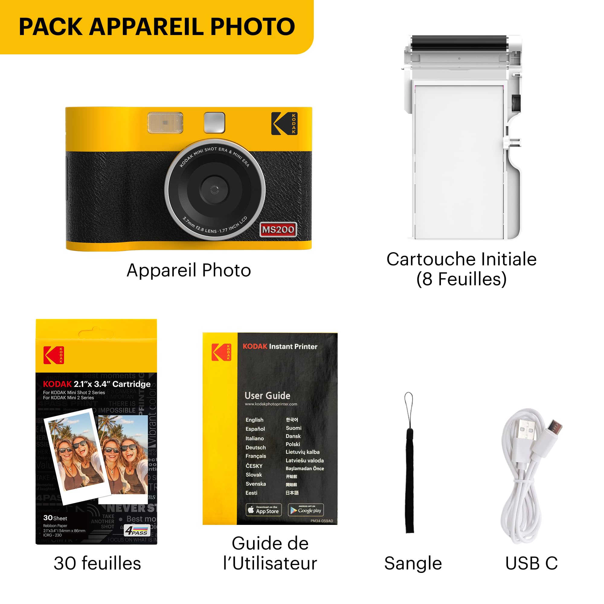 KODAK Mini Shot 2 Era 4PASS 2-in-1 Appareil Photo Instantané et Imprimante Photo Portable (5,3x8,6cm) (Appareil Photo + Paquet avec 38 Feuilles, Noir)
