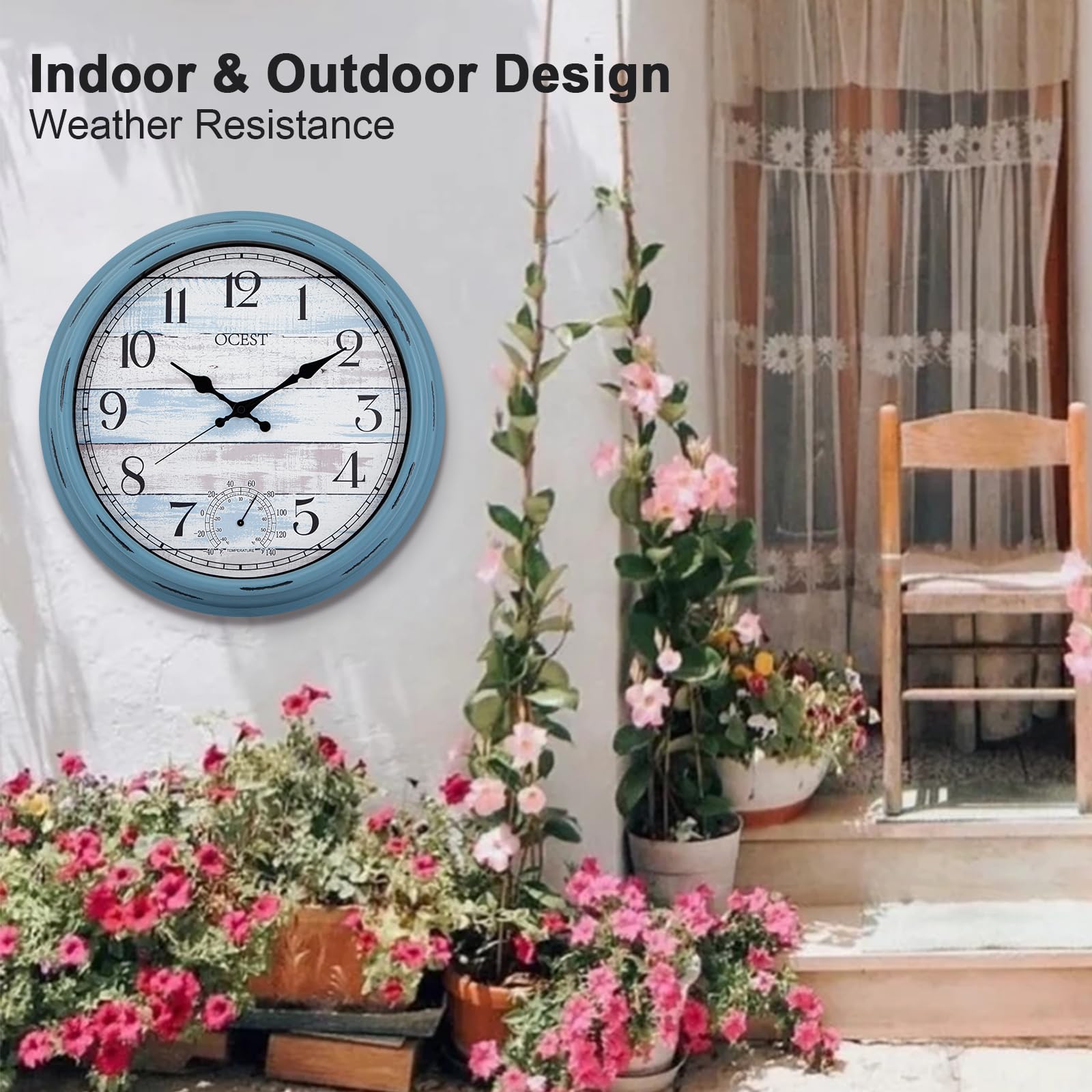 OCEST Reloj grande de 40,6 cm para interiores y exteriores, reloj de pared impermeable con termómetro, resistente a la intemperie, sin tictac, funciona con pilas, reloj decorativo para patio, piscina,