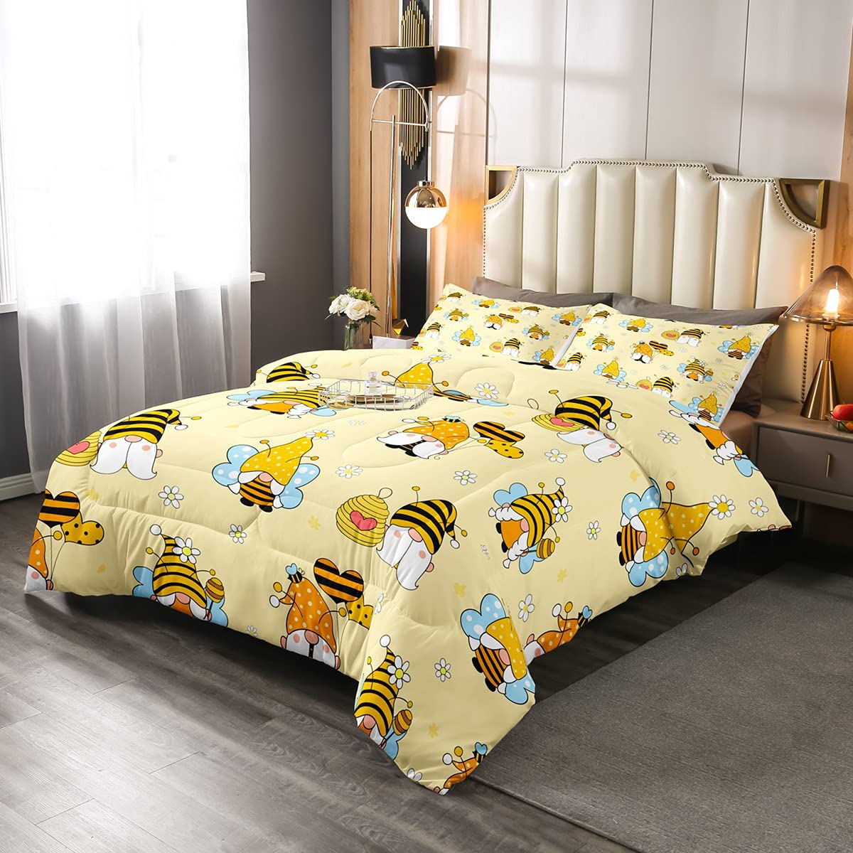 Erosebridal Kids Cartoon Bee Gnomes Bedding Set Twin Size Cute Honey Bee Comforter Sets for Boys Girls Room Decor White Daisy Floral Down Comforter Yellow Honeycomb Duvet Sets 1 Pillow Case