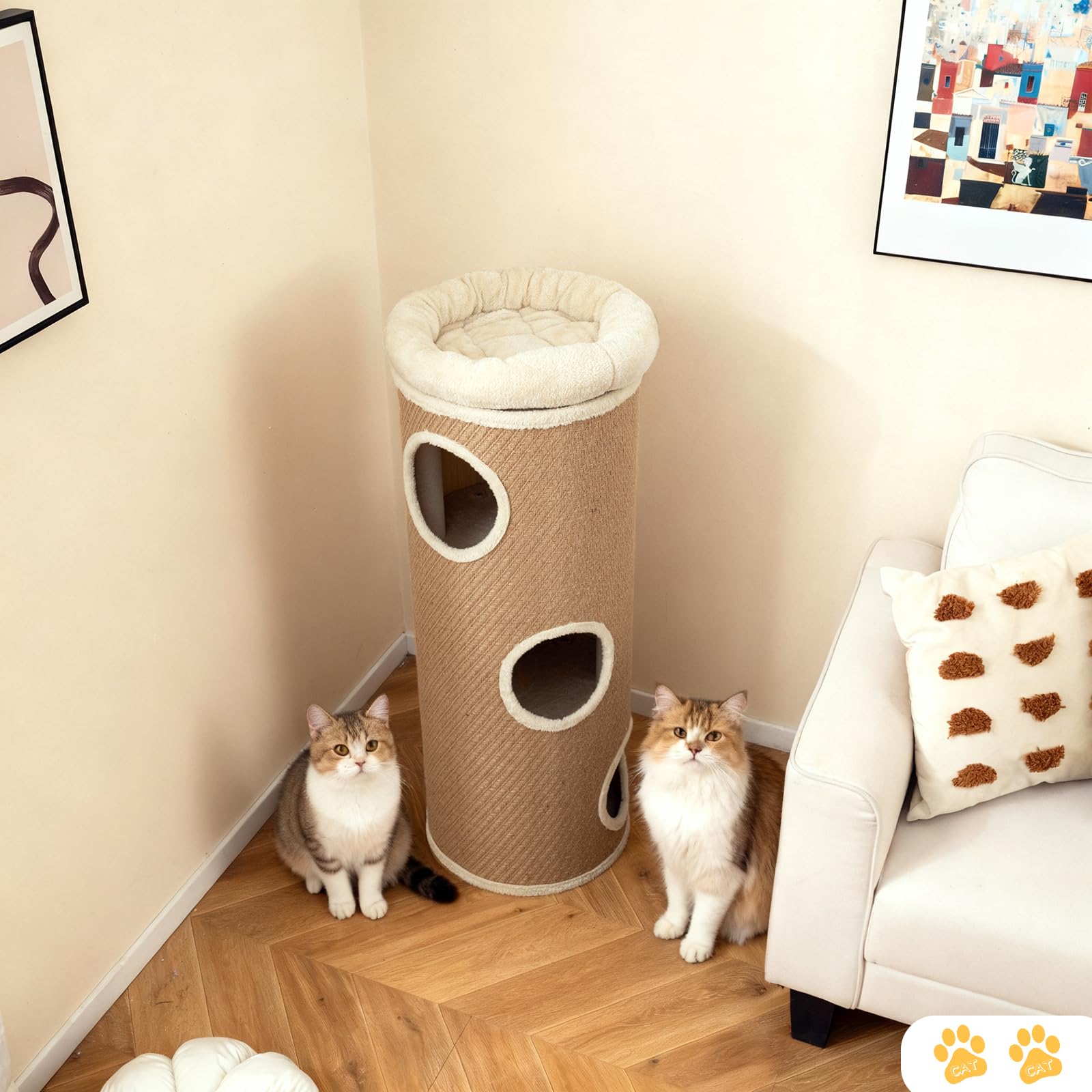 SOARS Kratztonne für Katzen XXL, 113 cm Katzentonne mit 3 Höhlen und abnehmbarem Plüschbett, Kratzbaum, Katzenturm, Ø 39 cm