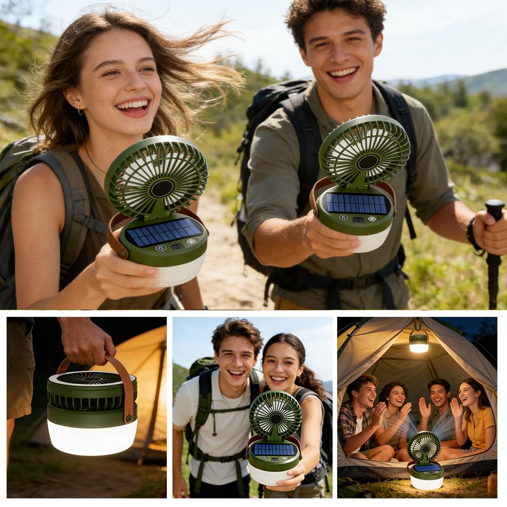 LED Campinglampe Solar, Tragbarer Camping Ventilator mit 4 Leuchtmodi | 3 Windgeschwindigkeiten, Campinglampe Akku Aufladbar für Außenaktivität, Wandern, Zeltlampe, Umgebungslicht, Notfall