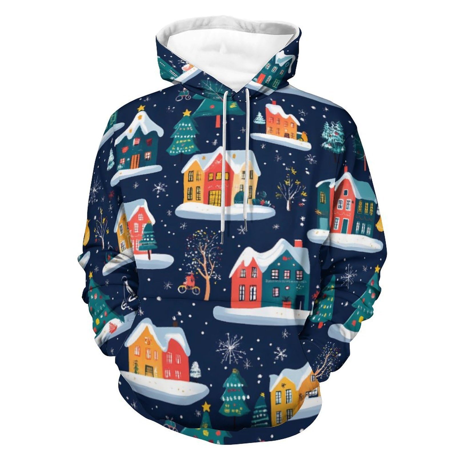 Felpa con cappuccio alla moda con case colorate di Natale per uomo donna manica lunga grafica colorata morbida pullover top