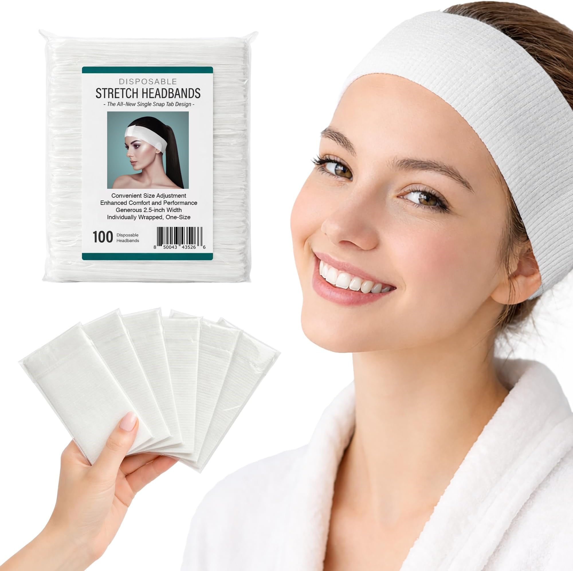 Disposable Stretch Facial Headbands, 100 Count, Snag-Free Adhesive Tab Closure, Spa, Estheticians, Waxing and Lash Extensions, White