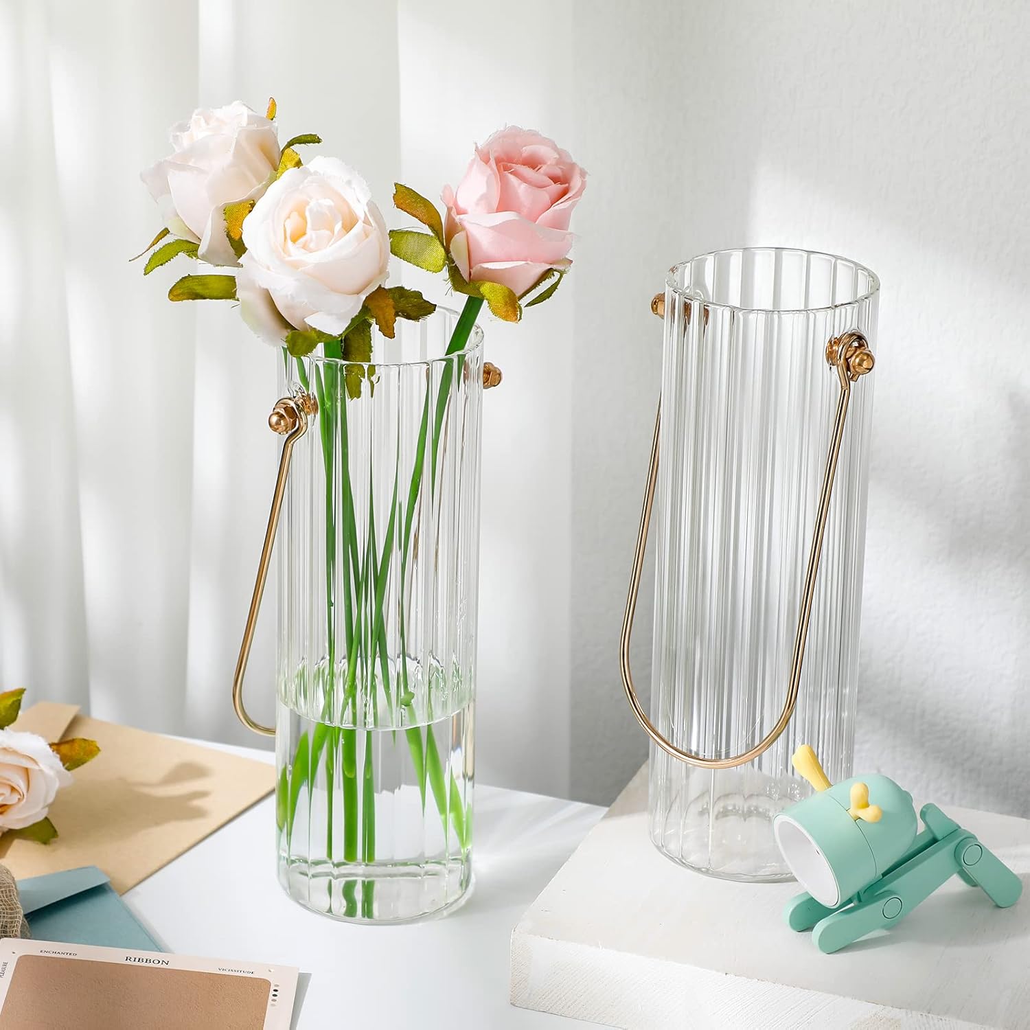 2 Pieces Glass Vase with Handle Striped Glass Flower Vase Simple Modern Clear Ribbed