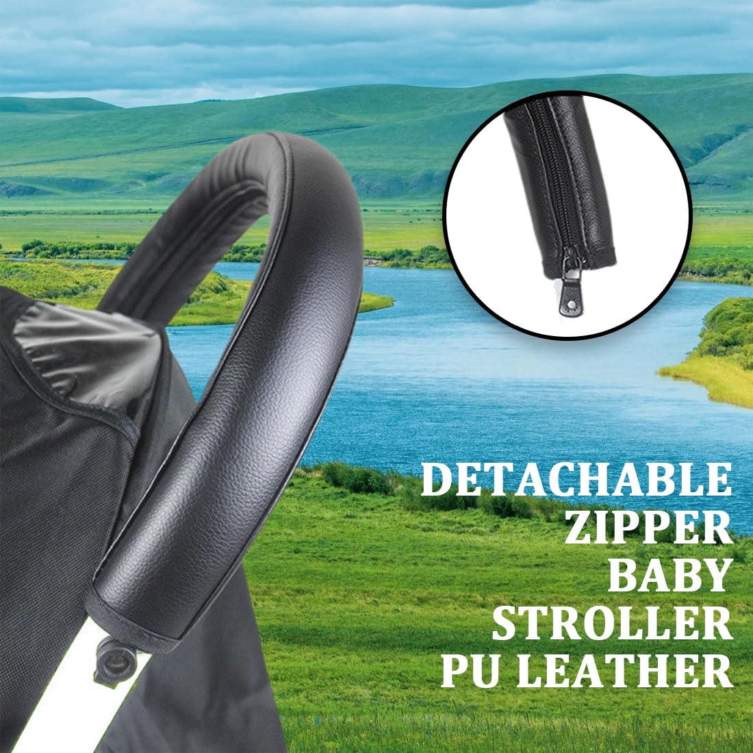 1 pezzi di copertura per passeggino, Maniglia universale in pelle PU passeggino protezione maniglia con chiusura lampo per passeggino e passeggino nero