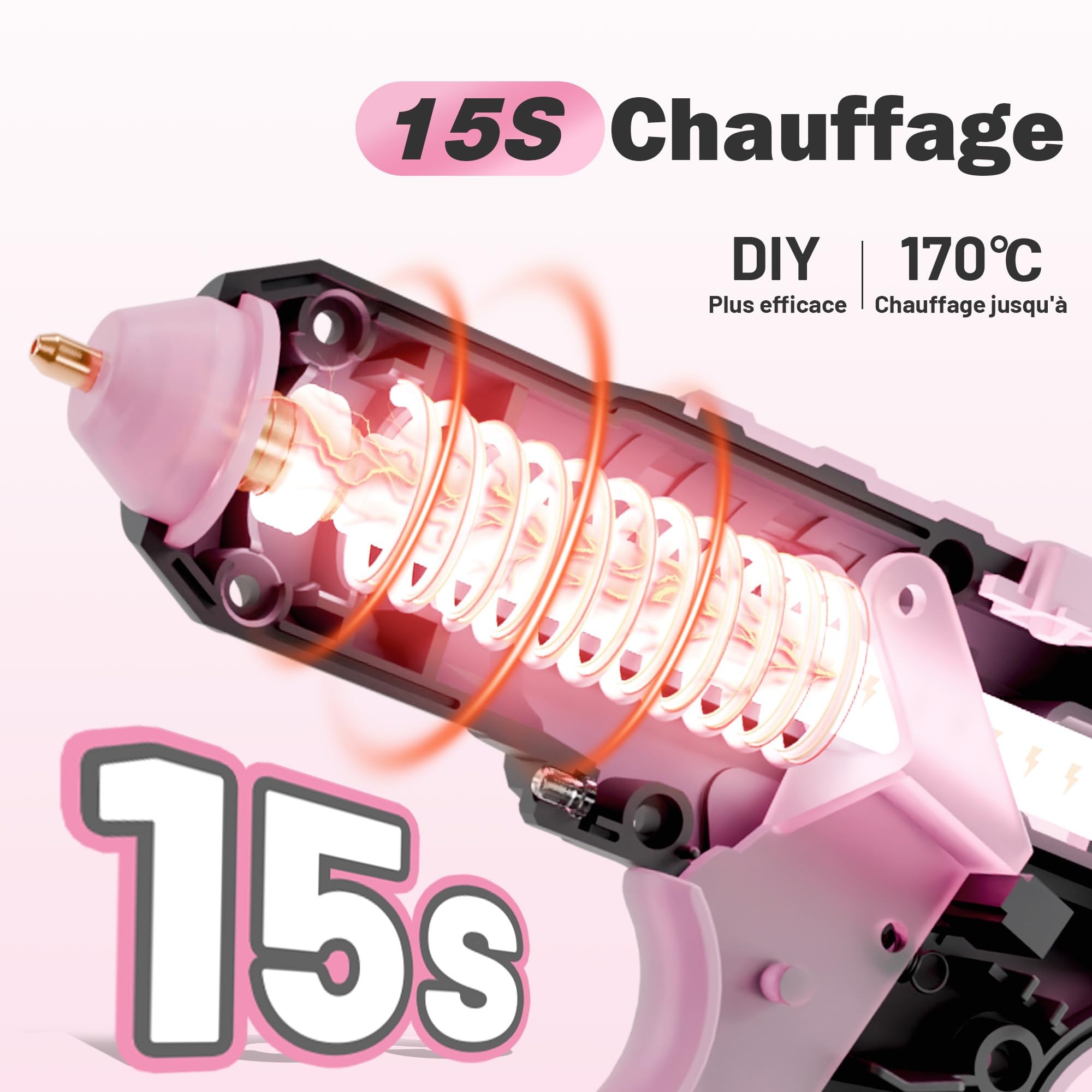 EZARC Pistolet à Colle Sans Fil, Chauffage Rapide 15s, 12V, Mini Pistolet à Colle pour Bricolage, Réparations Maison, Projets Scolaires, Décorations, avec 50 Mini Bâtons de Colle, Rose