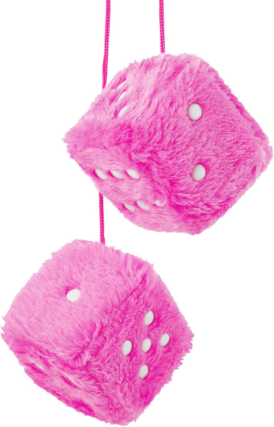 Pair of 2.75” Fuzzy Dice for Car Mirror, Retro Hanging Ornament with White Dots, Plush Car Interior Decoration, Pink