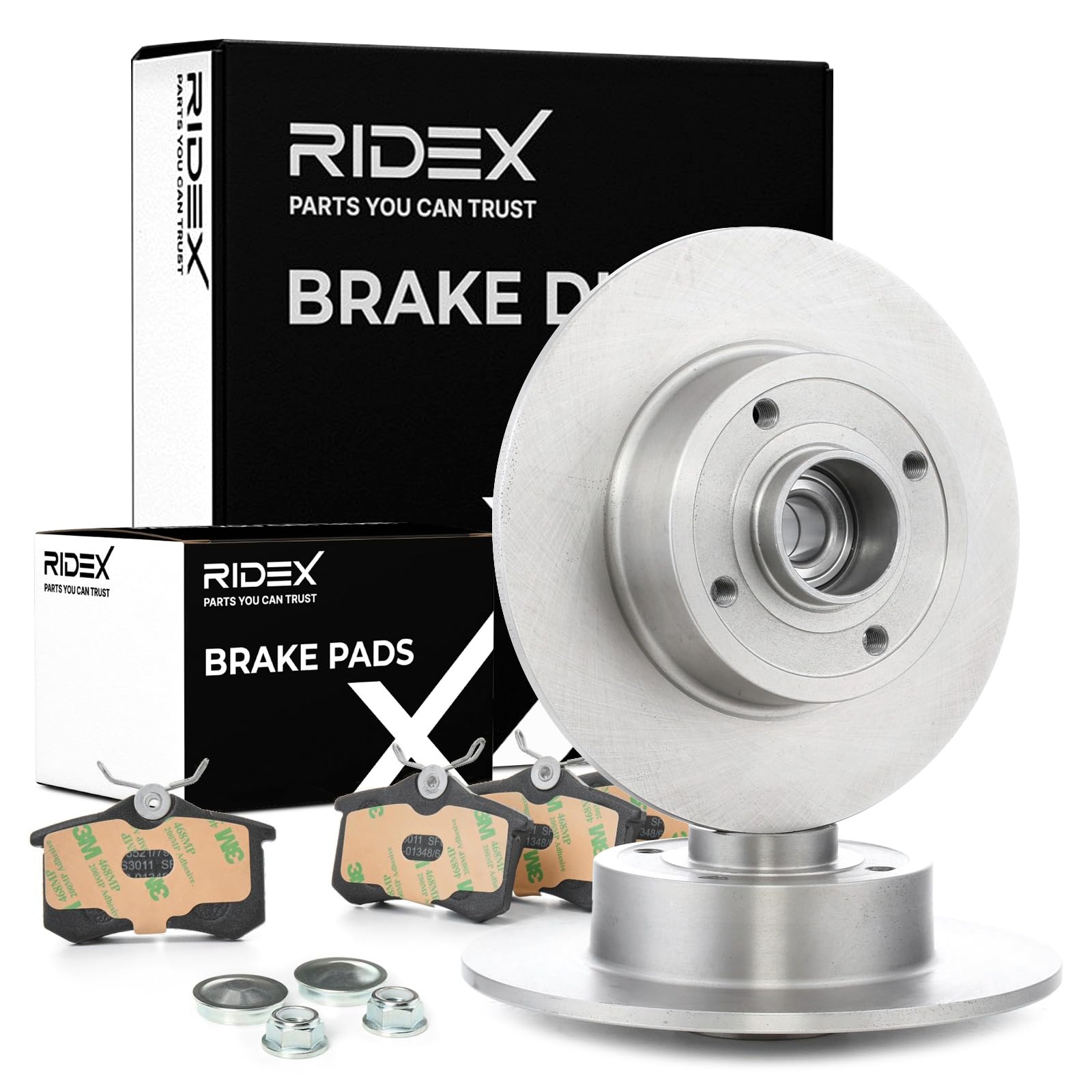 RIDEX 3405B1184 Juego para eje Kit de discos de freno y pastillas Trasero con accesorios con muelle con anillo sensor magnético incorporado con cojinete rueda Compatible con RENAULT