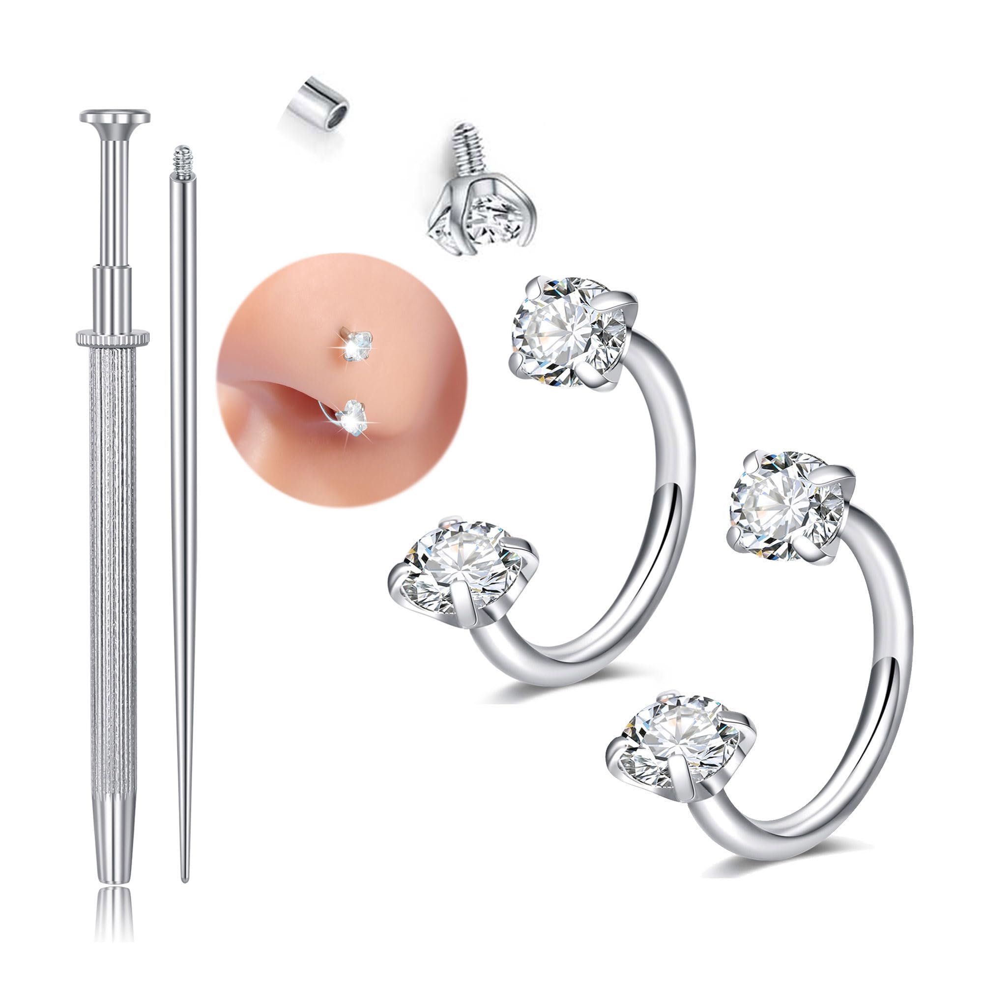 18g Horseshoe Nose Ring for Women Double Gem Horse Shoe Nose Ring Hoop 18 gauge Surgical Steel Silver Cartilage Helix Tragus Earring Hoops Labret Lip Piercing Jewelry Small Septum Rings 8mm-image-39