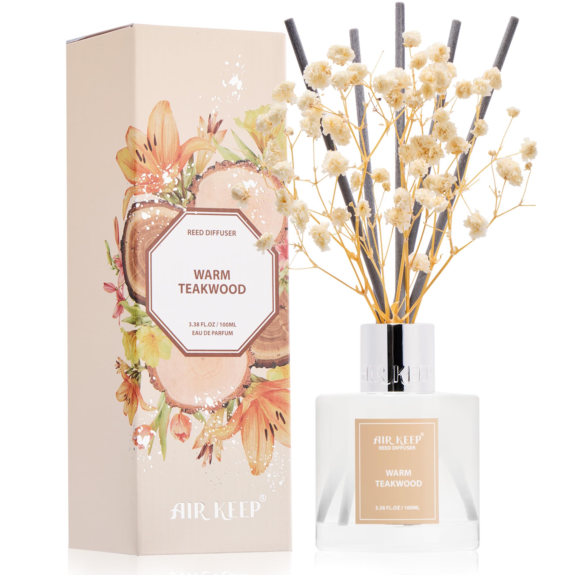 Airkeep Reed Diffuser Set,3.38 fl oz (100 ml) - Warm Teakwood Oil Diffusers with 8 Reed Sticks, Home Fragrance Reed Diffuser for Bathroom Shelf Decor