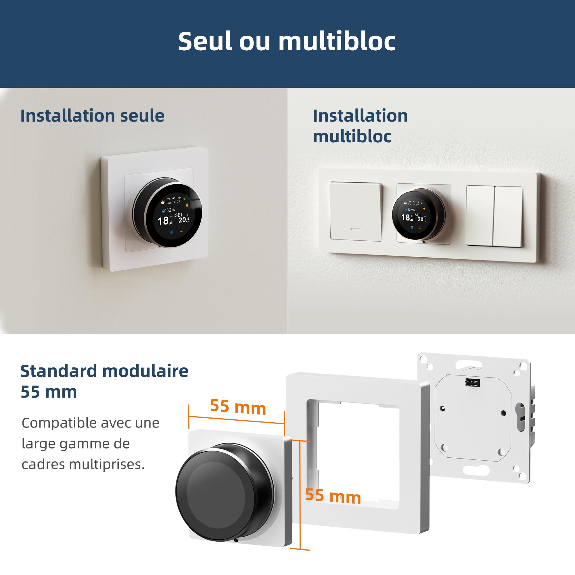 Beok Thermostat Connecté Intelligent WiFi, avec Sonde Extérieure, Régulateur Température Rotatif, Écran Couleur, Programmable 16A pour Chauffage Sol Électrique, Compatible Alexa/Google Home