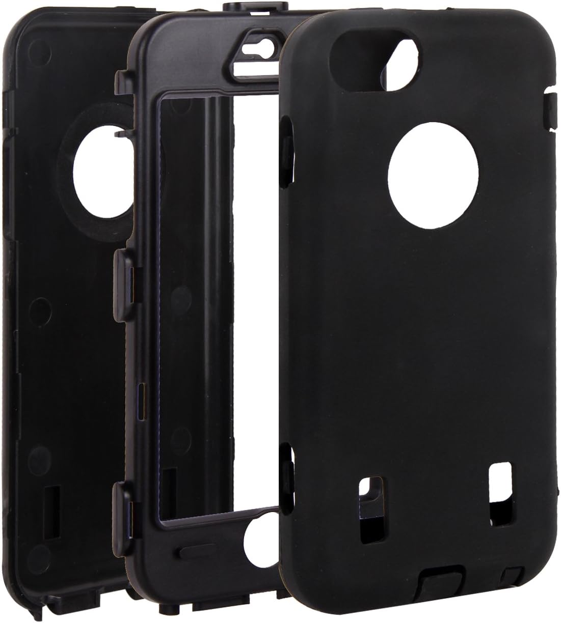 E-LV Deluxe Hard Soft High Impact Hybrid Armor Defender Case Combo for Apple iPhone 5C with 1 Screen Protector, 1 Black Stylus and 1 Microfiber Sticker Digital Cleaner (Black on Black)