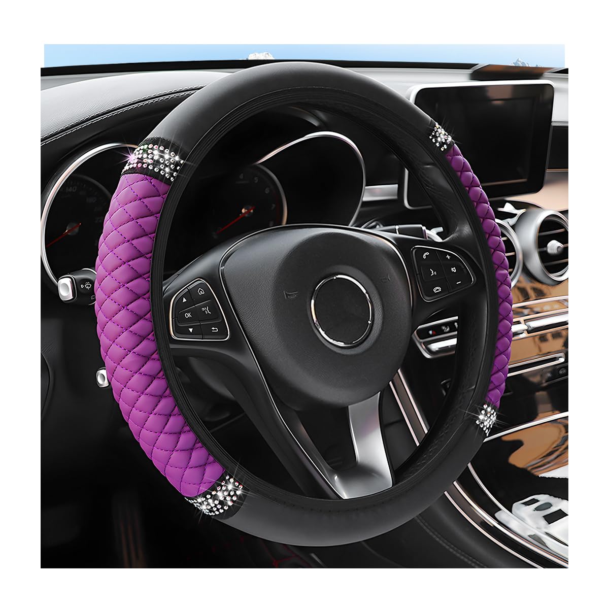 Osilly 15 Inch Rhinestone Leather Steering Wheel Cover, Purple