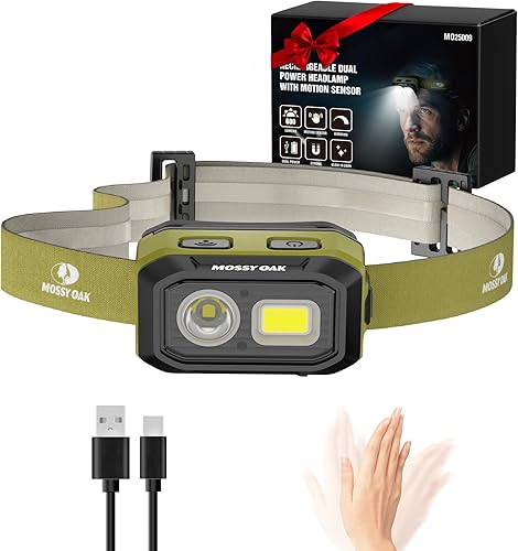 Miniatura 1 de Mossy Oak Linterna frontal LED de 600 lúmenes, fuente de alimentación dual, lámpara de cabeza con sensor de movimiento con base magnética,