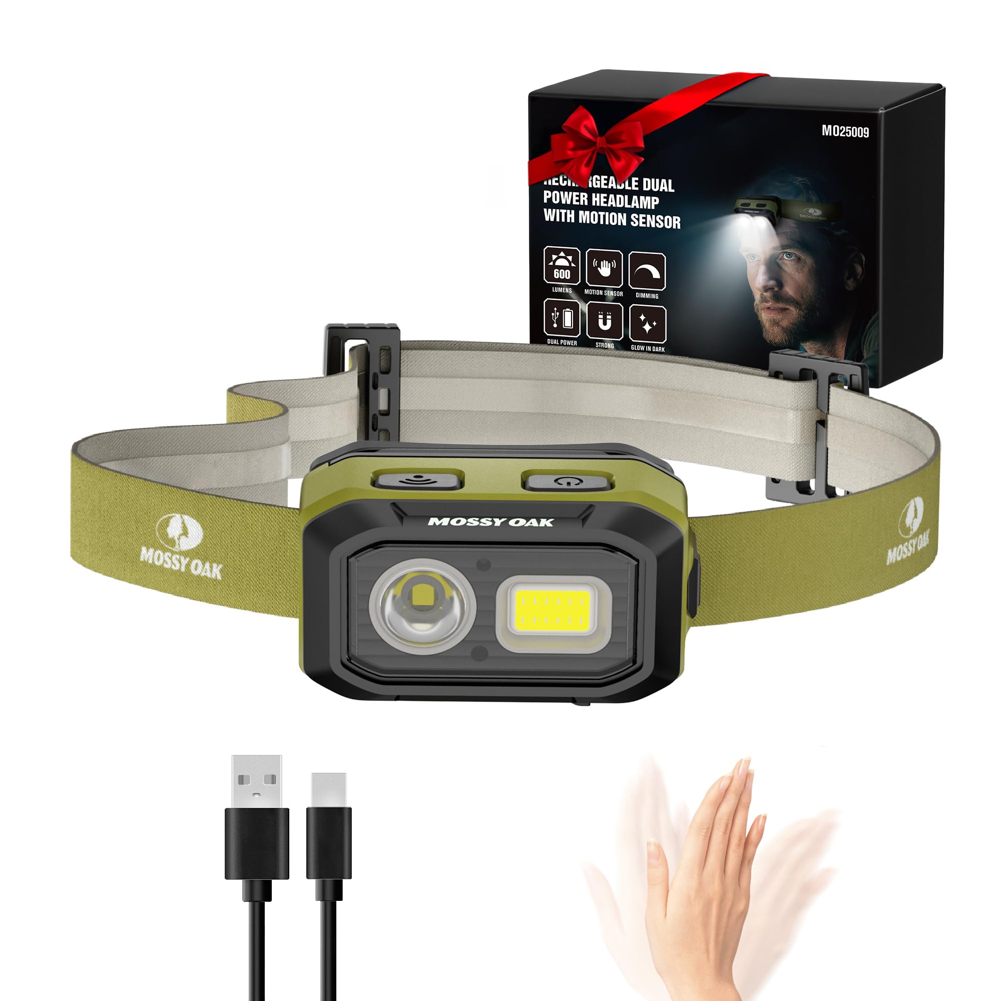 Mossy Oak 600 Lumen LED Headlamp - Dual Power, Motion Sensor