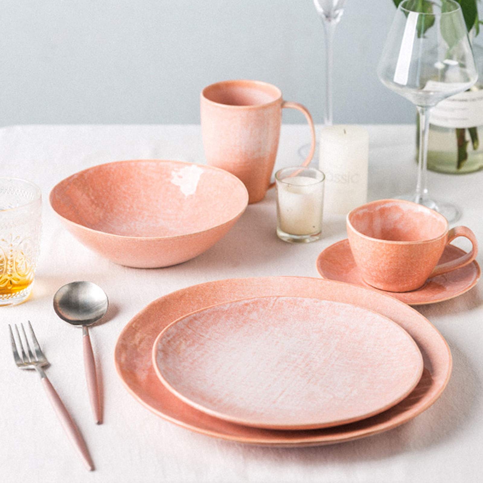 Ensembles De Vaisselle En Céramique Romantique, Ensemble De Dîner En Porcelaine Rose De 22 Pièces | Ensembles De Bols À Salade Et D'Assiettes À Steak À Motif De Tissu Créatif Pour Cadeaux De Mariage