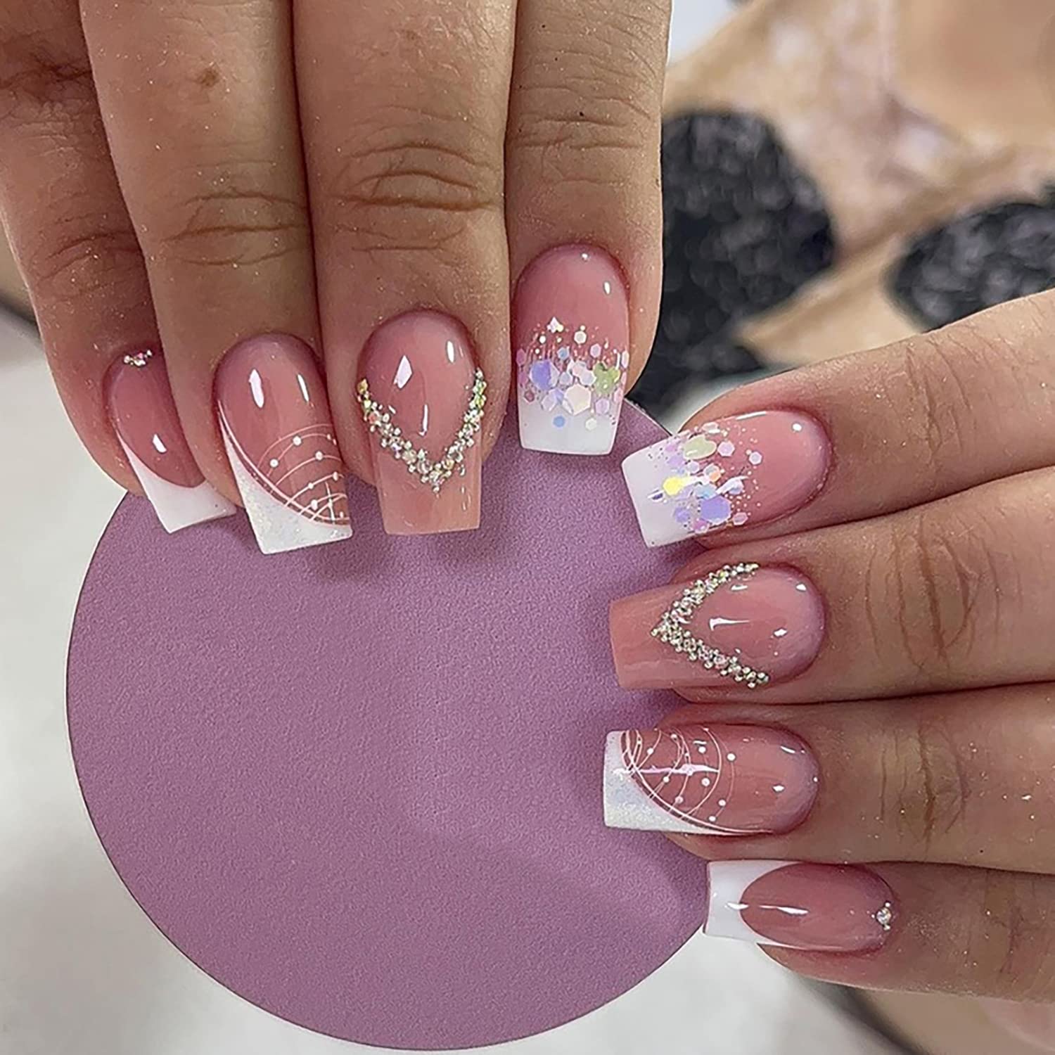 Pink Press On Nails Short Square, Coffin Shape Full Cover Reusable French False Nails with Glue, Stick On Nails with Rhinestone Designs, Acrylic