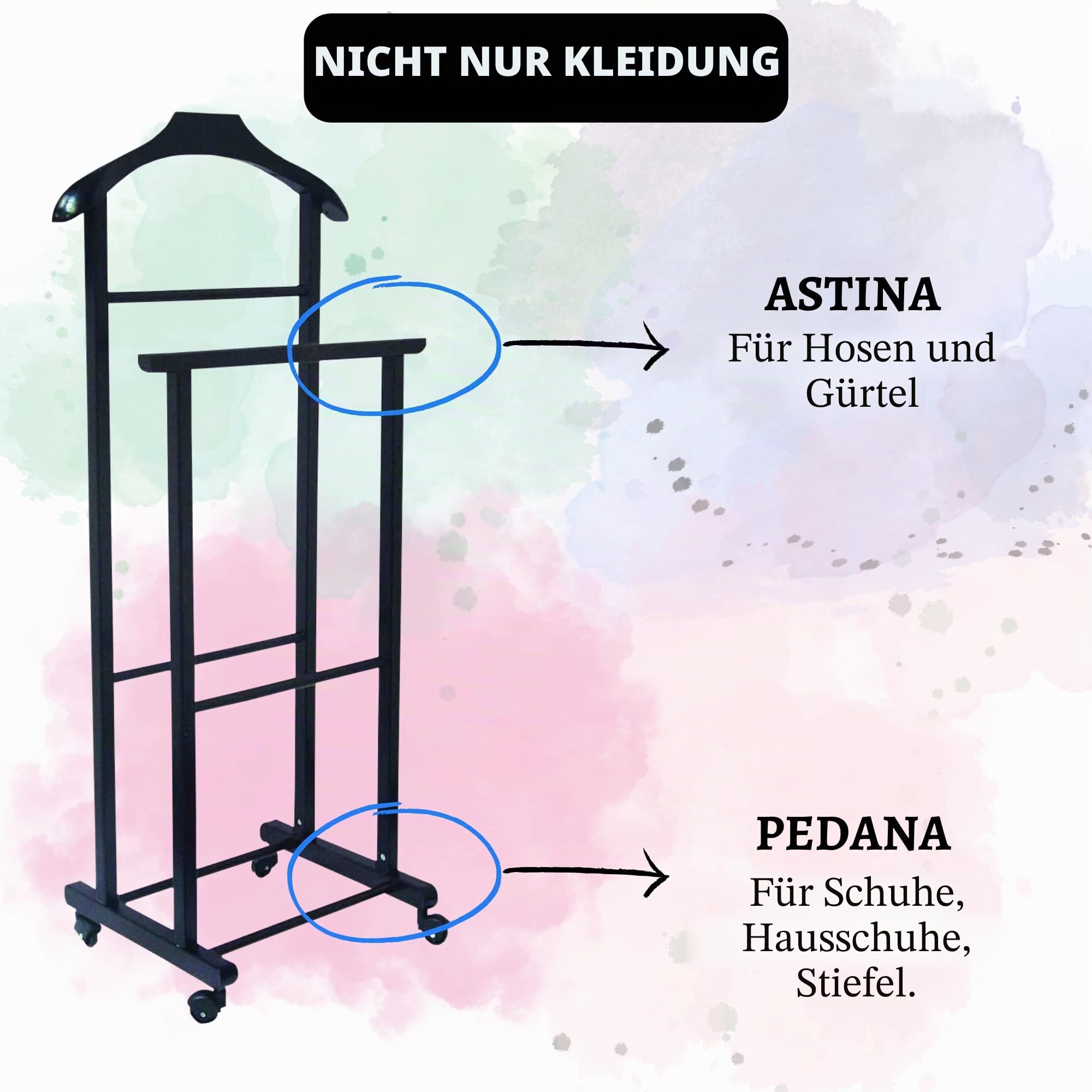 Tomaino - Herrendiener Schlafzimmer aus Holz - Kleiderständer mit Rollen Ambrogio - Herrendiener Modern für Kleidung und Accessoires (Schwarz)