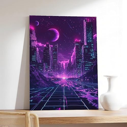Miniatura 7 de XAHOR Retro-Futurism Vaporwave Wall Art  Neon Synthwave Poster, 80s Sci-Fi Aesthetic Cityscape Print Canvas Wall Art Print Poster For Home School