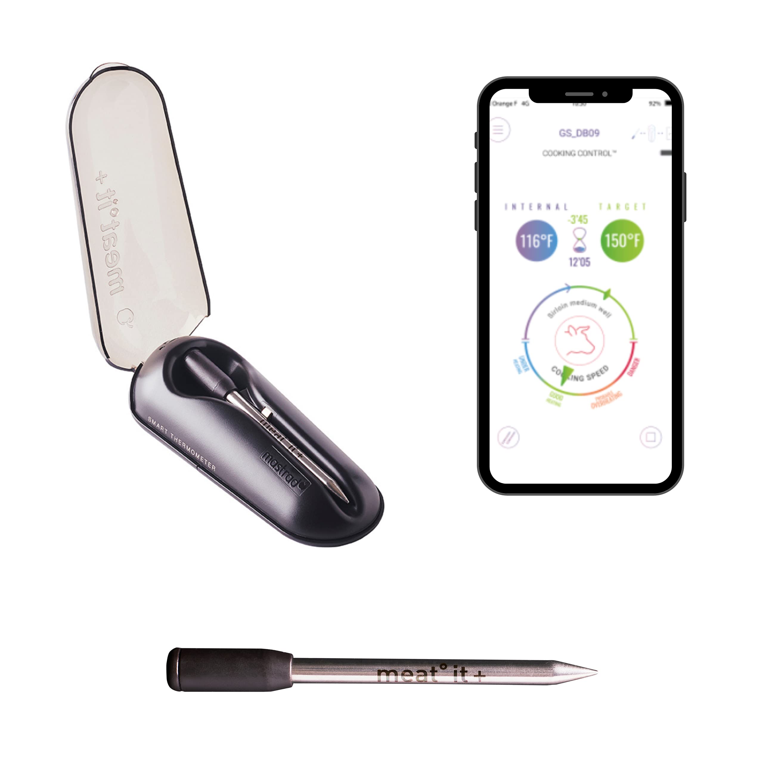 MASTRAD – Meat°it + – Sonde de Cuisson 100% Sans Fil – Thermomètre à Viande Connecté – Four, Barbecue, Poêle – Contrôle Température – Longue Portée – Bluetooth – Noir