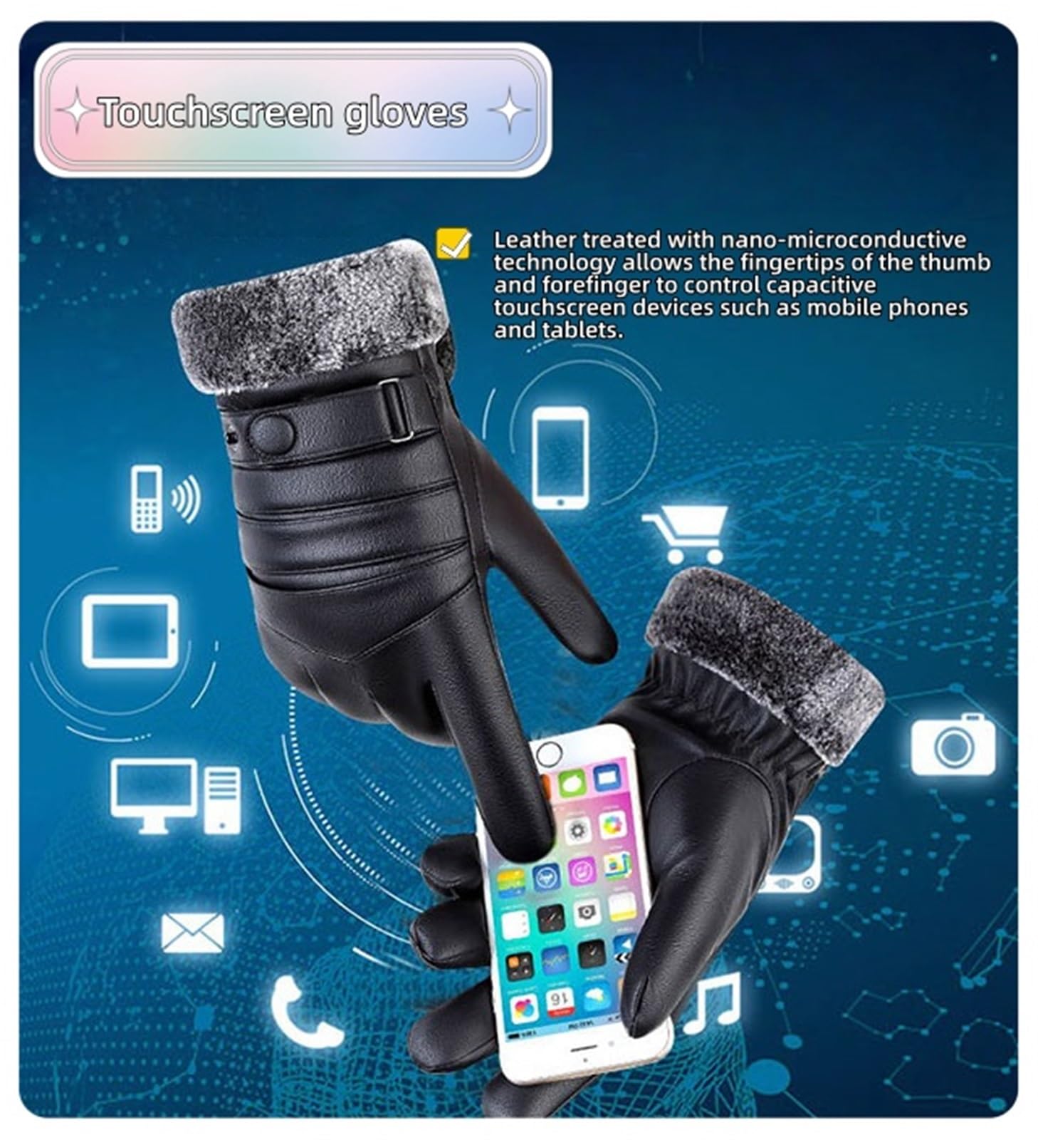 Guantes de invierno de cuero cálido para hombre, con forro de piel térmica, guantes de piel para pantalla táctil, para motocicleta, conducción