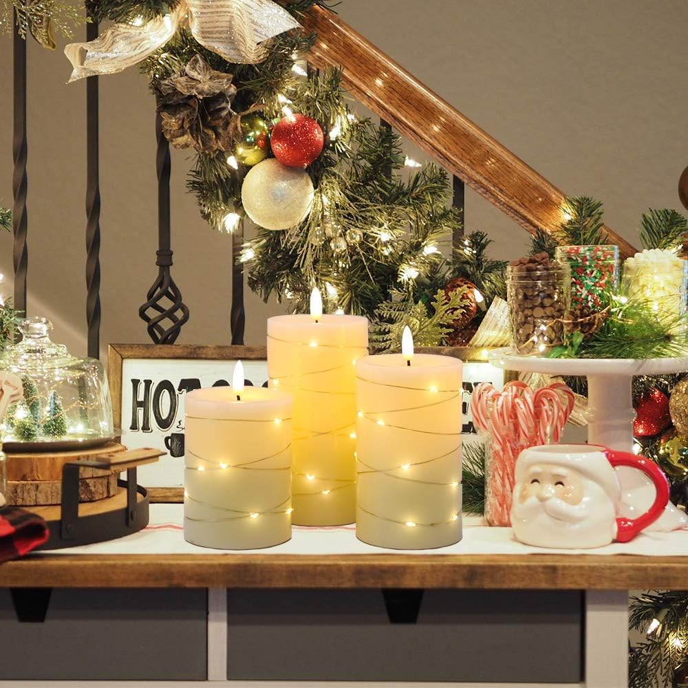DRomance Flameless Flickering Candles String Light with Remote Timer Set of 3 Battery Operated LED Pillar Candles Real Wax 3D Wick Yellow Light Christmas Holiday Decor(3 x 5, 6, 6.8 Inch)