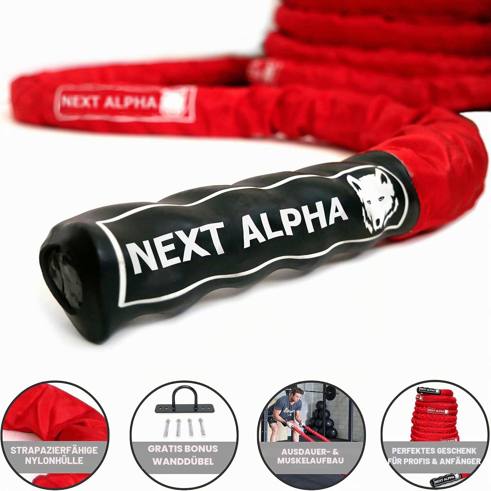 Battle Rope, 38mm/50mm, 9m/12m/15m, Schutzhülle, Wandanker, Workout Instruction Poster