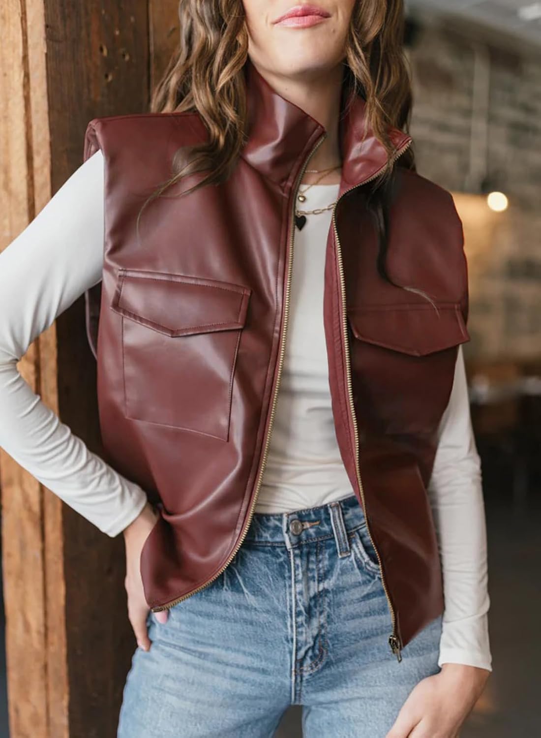 EVALESS Faux Leather Jacket Women Sleeveless Motorcycle Coat Zip Up Vest Jackets Fall Fashion Outfits Winter Clothes - Image 3