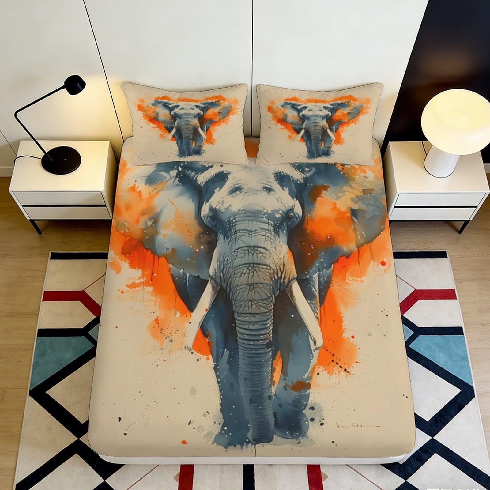 3D Printed Elephant Art Fitted Sheet Microfiber Soft Orange Splash African Wildlife Mattress Cover for Bedroom Dorm Decor 90x200x25cm