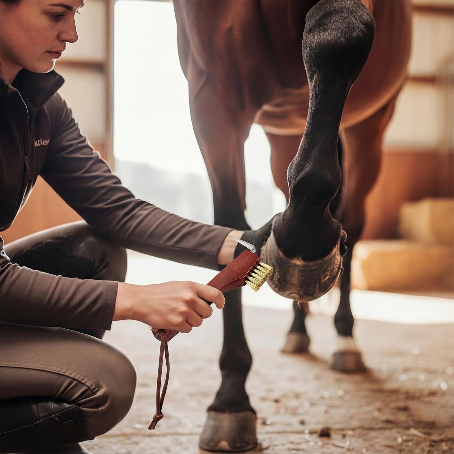 Horse Hoof Pick with Brass Wire Brush and Wooden Grip Farrier Tool Hoof Pick Supplies for Horse Cleaning and Grooming