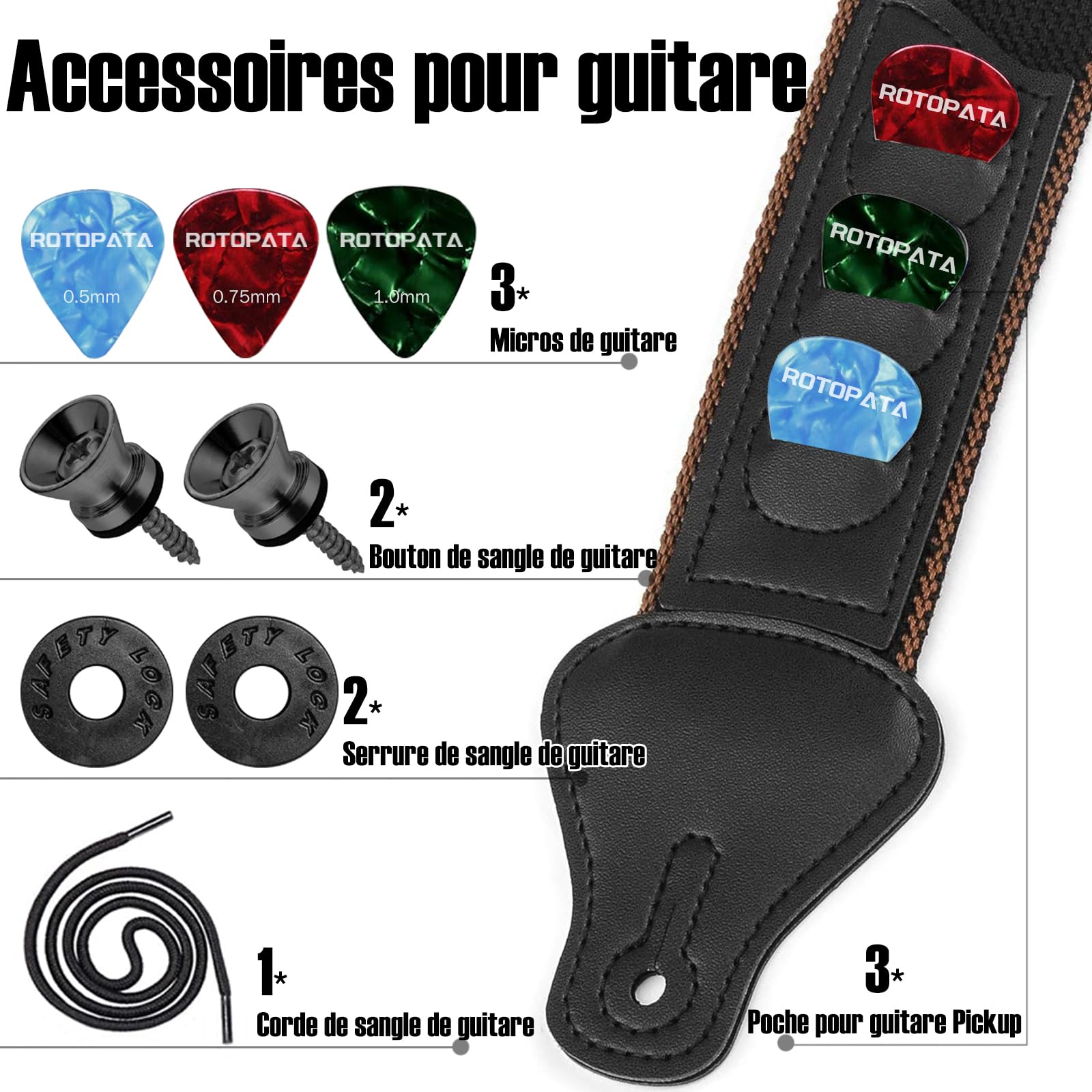ROTOPATA Sangle de guitare avec porte-médiators, 2 boutons, 2 serrures, 3 médiators de guitare, sangle en coton avec extrémités en cuir, longueur réglable