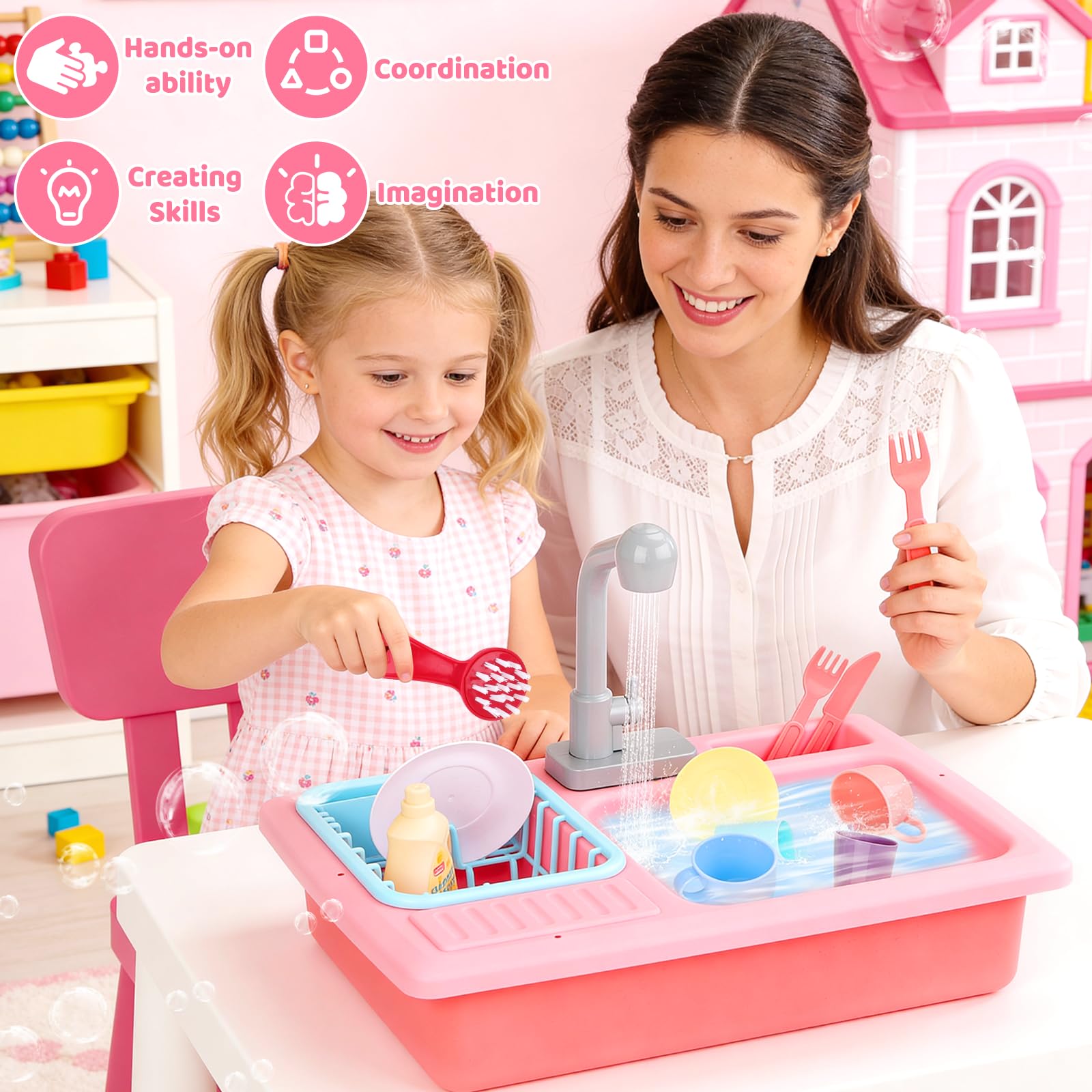deAO Evier de Cuisine Jeu de Rôles avec Simulateur d’Eau Électrique et Accessoires (Rose)