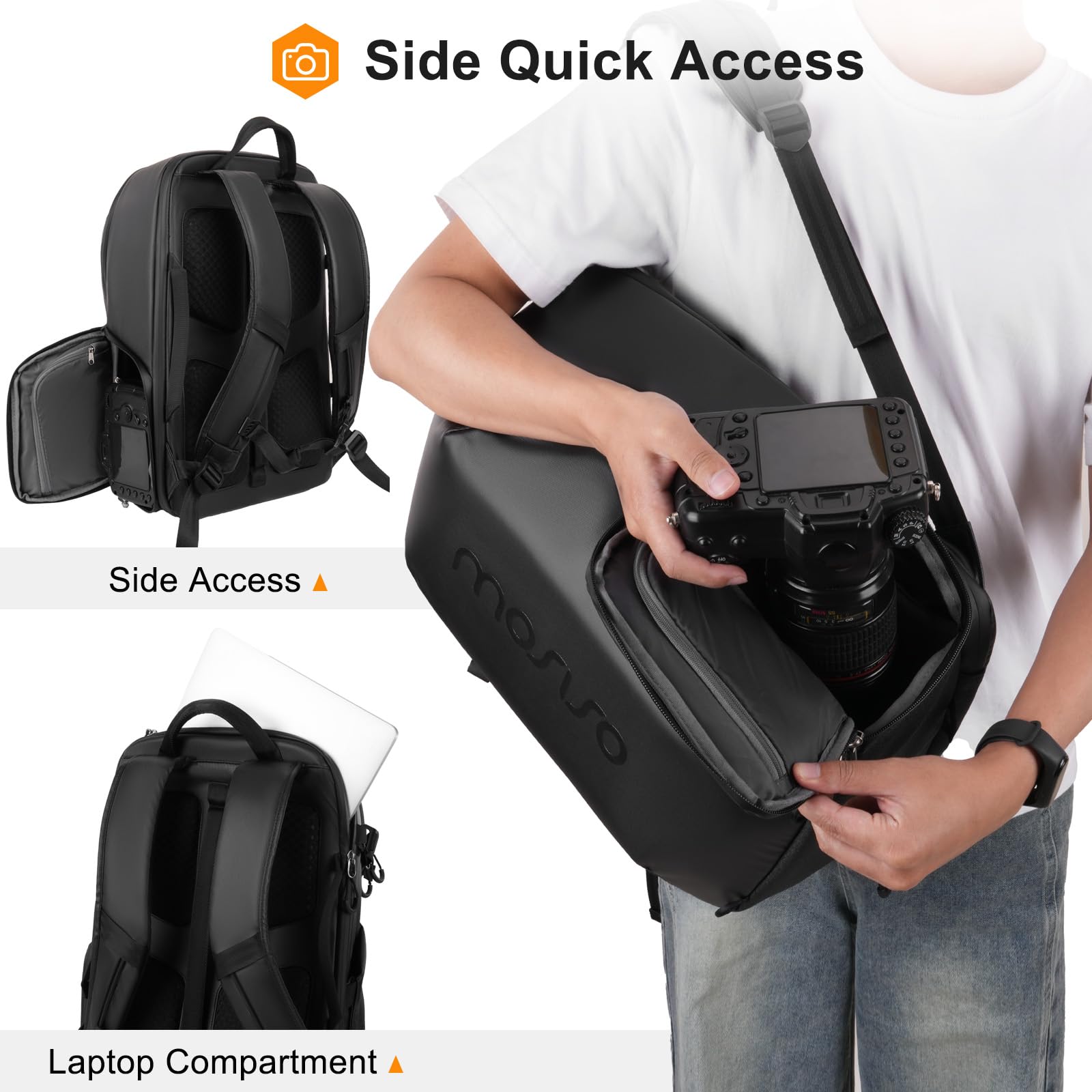 MOSISO Zaino Fotografico Borsa Impermeabile Fotocamera DSLR/SLR/Mirrorless | con Accesso Posteriore Completo,con Supporto Treppiede,Scomparto Laptop e Copertura Antipioggia,per Canon/Nikon/Sony,Nero