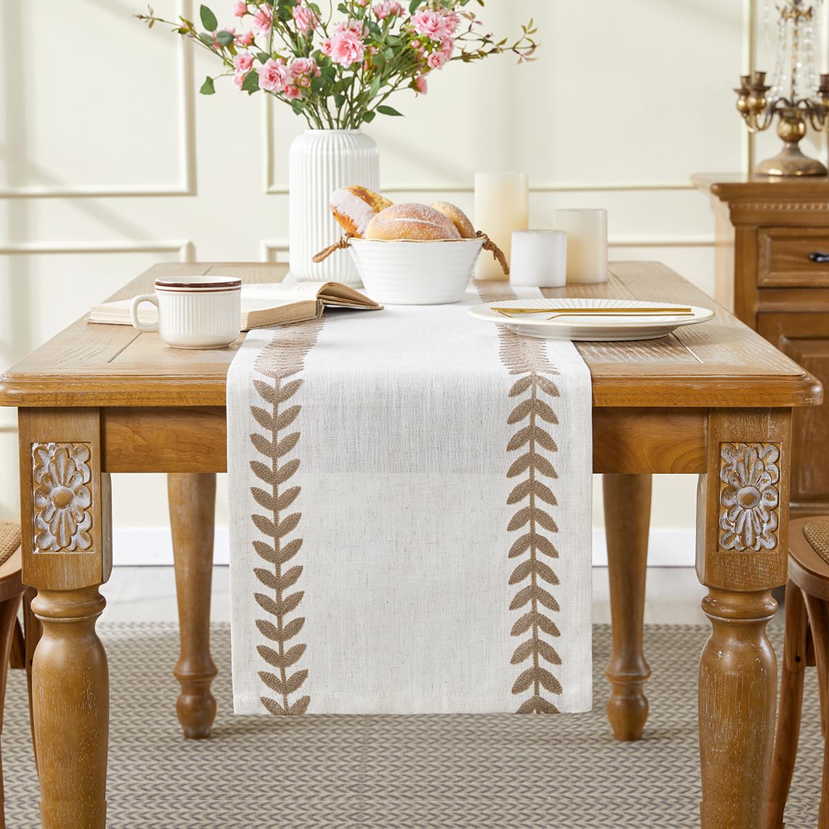 WracraEmbroidered Table Runner Irregular Willow Leaf Table Runners 90 Inches Long for Dresser Home Dining Table Decor,14 x 90 Inch, Taupe