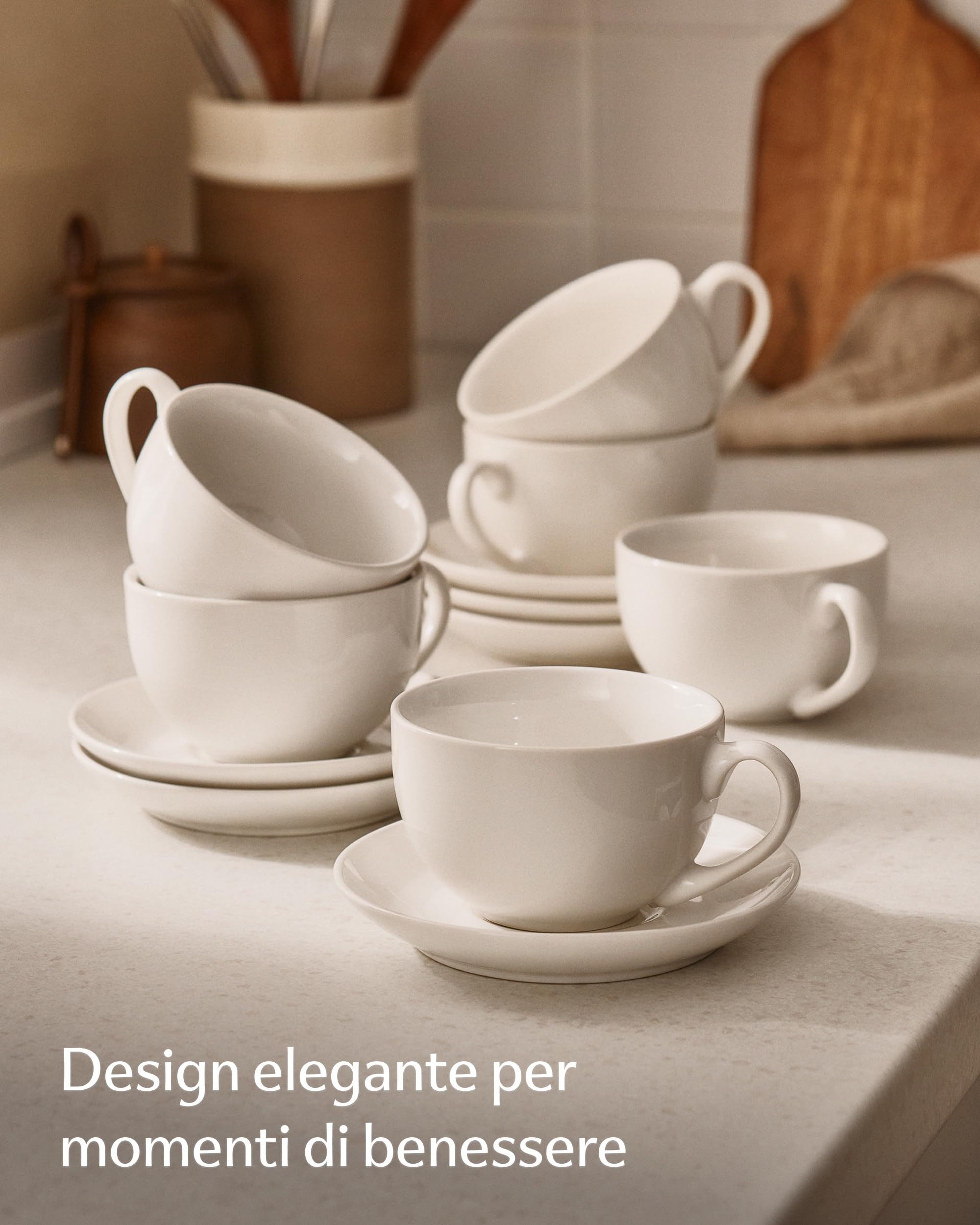 Tazzine Caffè 6 Pezzi in Ceramica Bianche con Piattini - Tazze Cappuccino Lavabili in Lavastoviglie - Set Regalo 180 ml